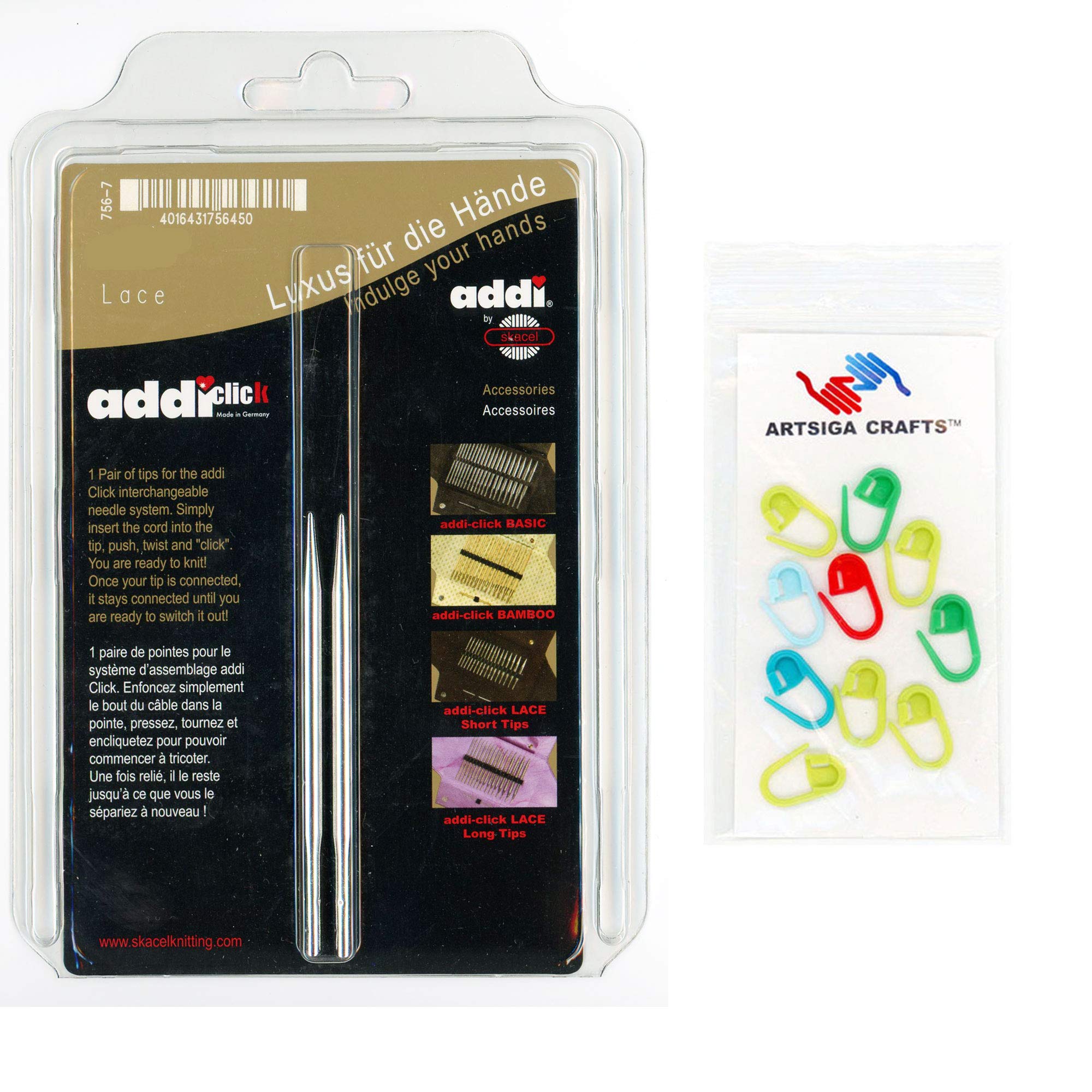 addi Click Rocket Lace Short 3.5 inch (9cm) US 06 (4.0mm) Interchangeable Circular Knitting Needle Tips, Slick & Smooth Finish, Long Taper Sharp Tips Bundle with 10 Artsiga Crafts Stitch Markers