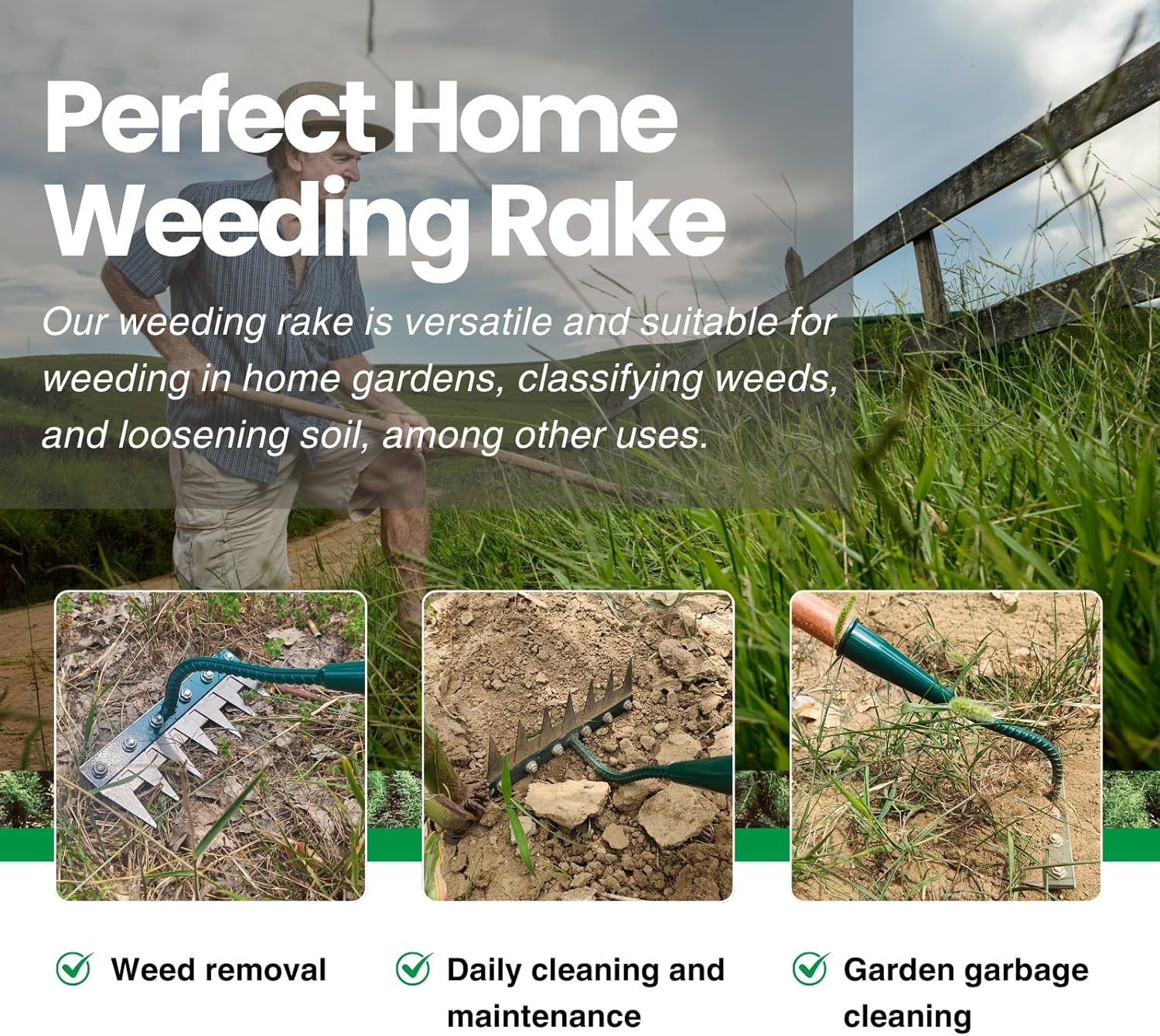 Iron Rake 2.0 Comes with an Extended Handle. It is a 7-Tooth Carbon Steel Garden Weeding Iron rake, a Detachable Manual Gardening Weeding Tool, Suitable for Gardening and Weeding (Green) (Green)