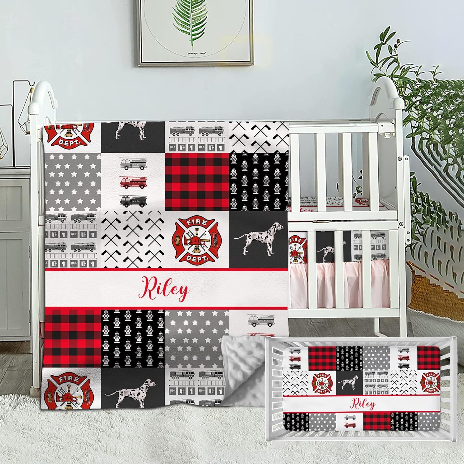 Juego de ropa de cama de bebé personalizado para niños y niñas, nombre personalizado, tema de camión de bomberos, juego de 2 piezas, edredón para