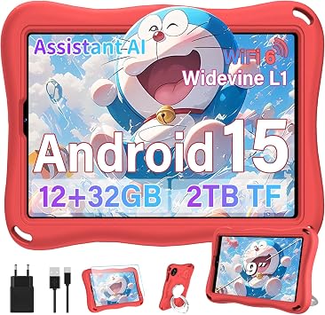 Kinder Tablet 10 Zoll Android 15 mit 30GB ROM(2TB), 5G WLAN 6, Widevine L1, 1340 * 800, Elterliche Kontrolle, 8-Core, 5000 mAh, Kids Tablet mit Kinder Hülle Eva + 360° Drehbarer Ständer, Red