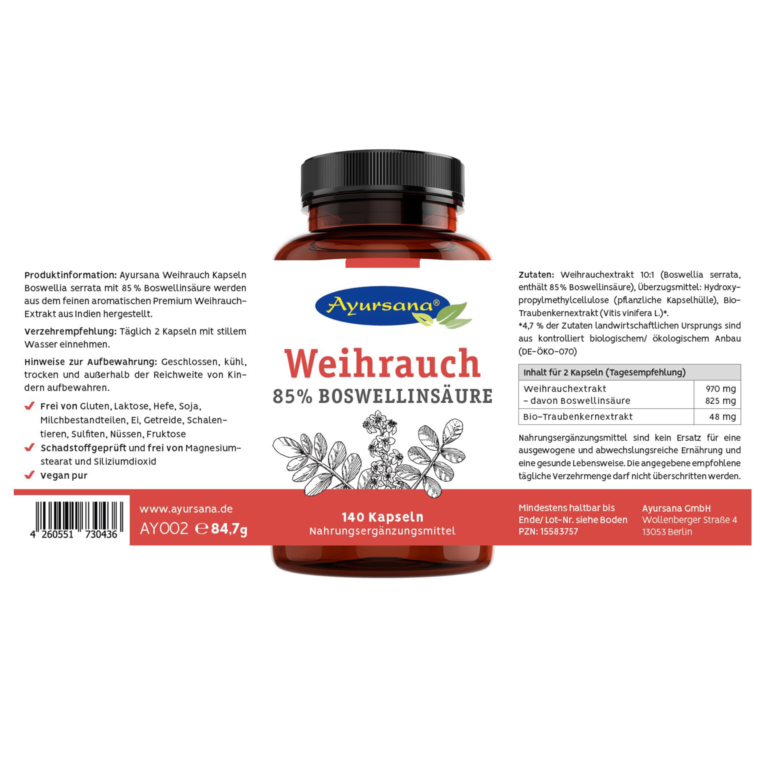 Weihrauch Kapseln (3 x 140 Stück) hochdosiert | Echter indischer Weihrauch mit 85% Boswelliasäuren | 800 mg Weihrauchextrakt je Tagesdosis, davon 660 mg Boswelliasäure | Apothekenqualität