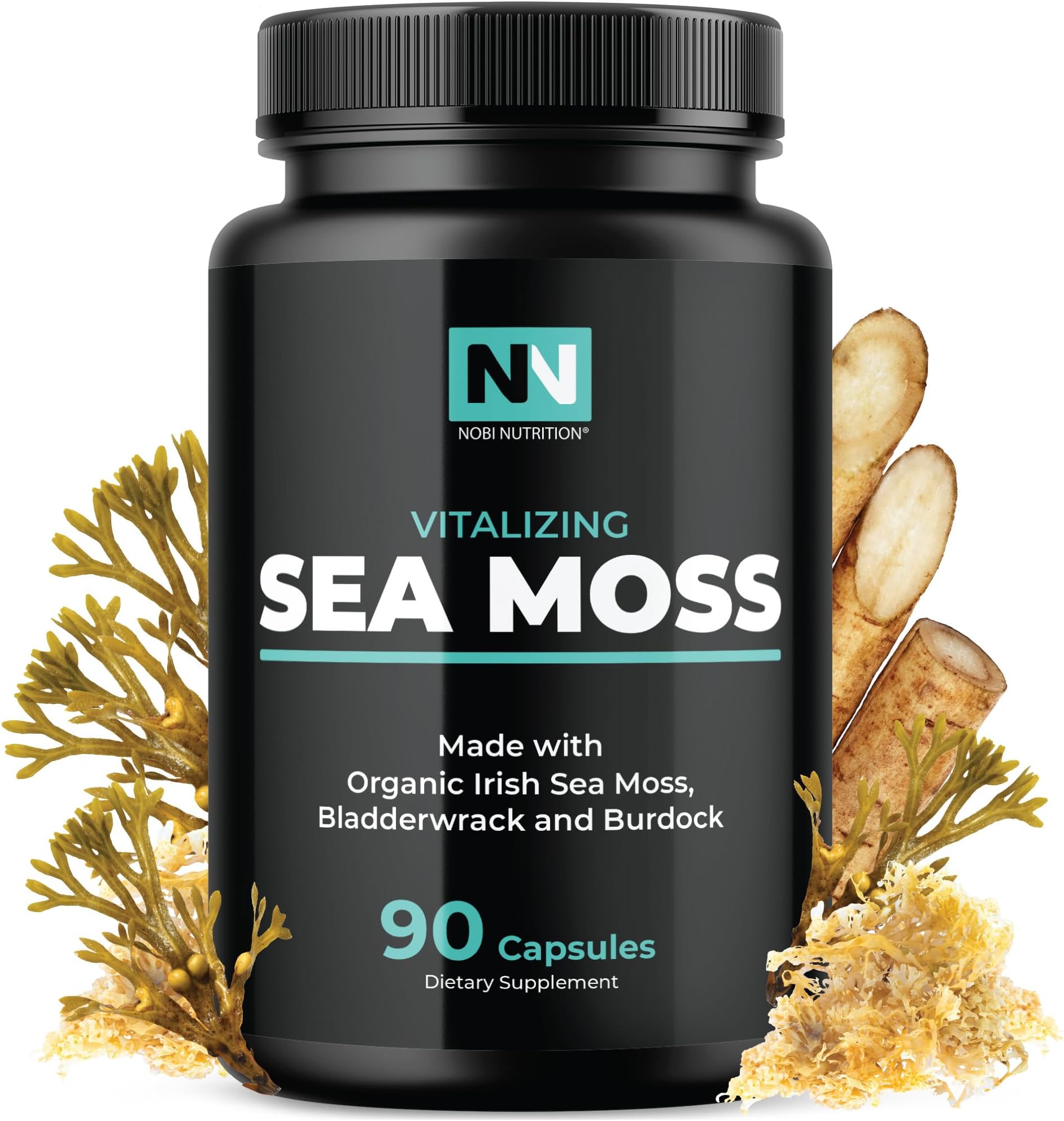 Nobi Nutrition - Organic Irish Sea Moss Capsules with Organic Burdock Root & Organic Bladderwrack Powder - Thyroid Support, Gut Health Support, Iodine Supplement & Potassium Supplement (90ct)