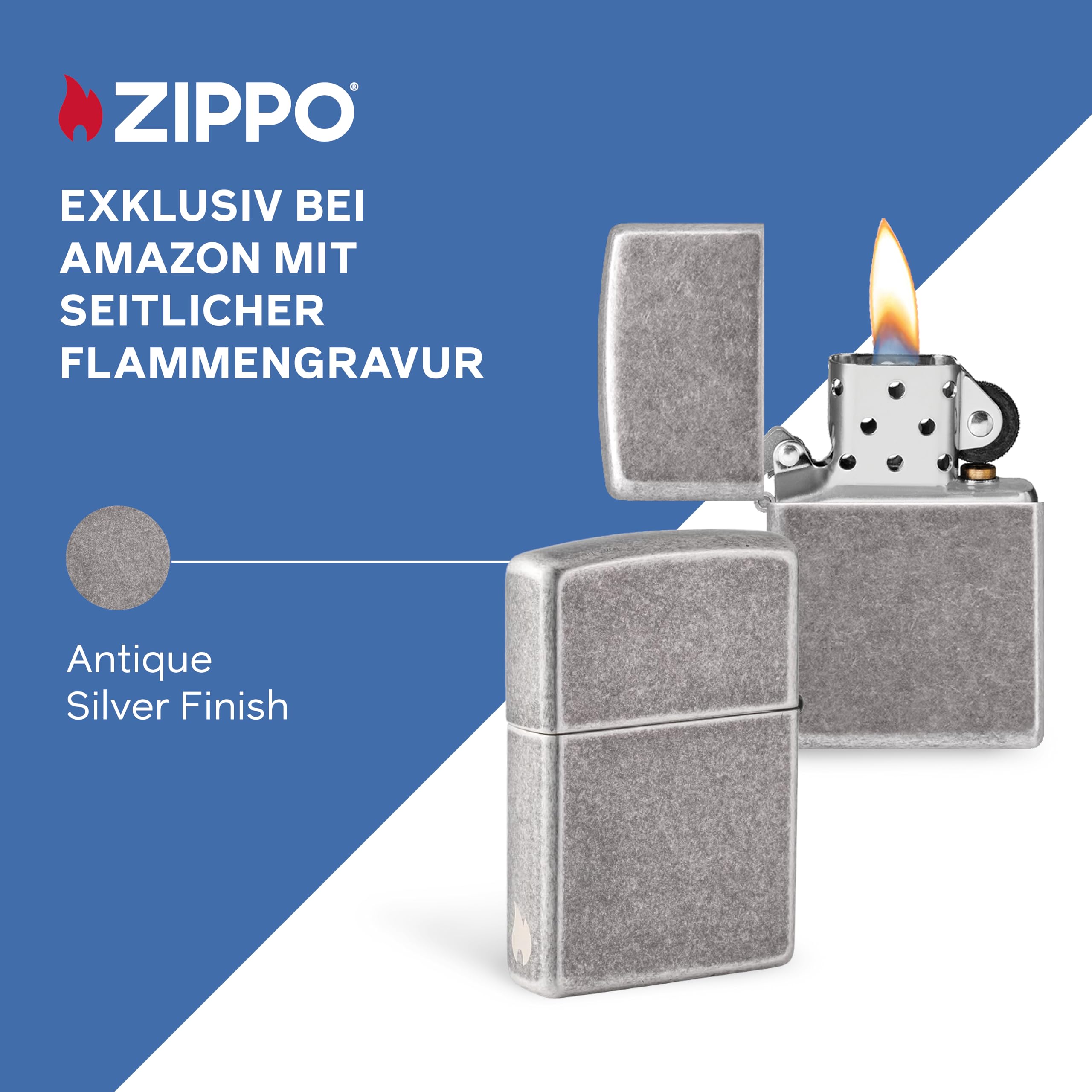 Zippo Sturmfeuerzeug - Antique Silver mit seitlicher Flammengravur - Nachfüllbar - Wiederverwendbar - Windfestes Design - Geschenkbox - Made in USA - Amazon Exclusive – Bild 2