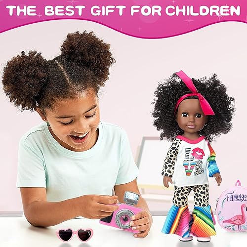 Miniatura 4 de Muñeca negra de 14.5 pulgadas y 2 juegos de accesorios de ropa, muñeca afroamericana para bebé, incluye gafas, cámara, bolsa y zapatos para niños y
