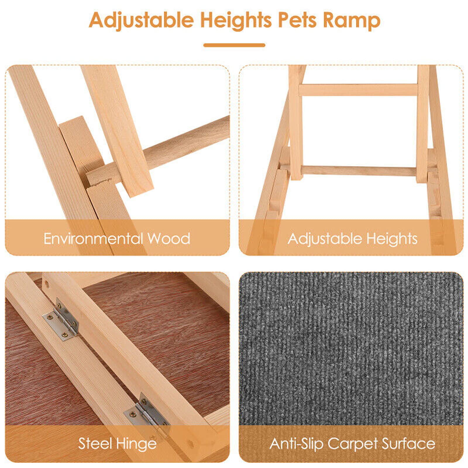 Rampa independiente para perros para interior y exterior, de madera auténtica, con 4 alturas ajustables y alfombra antideslizante, diseño plegable portátil, para cama o sofá, 100 cm x 40 cm