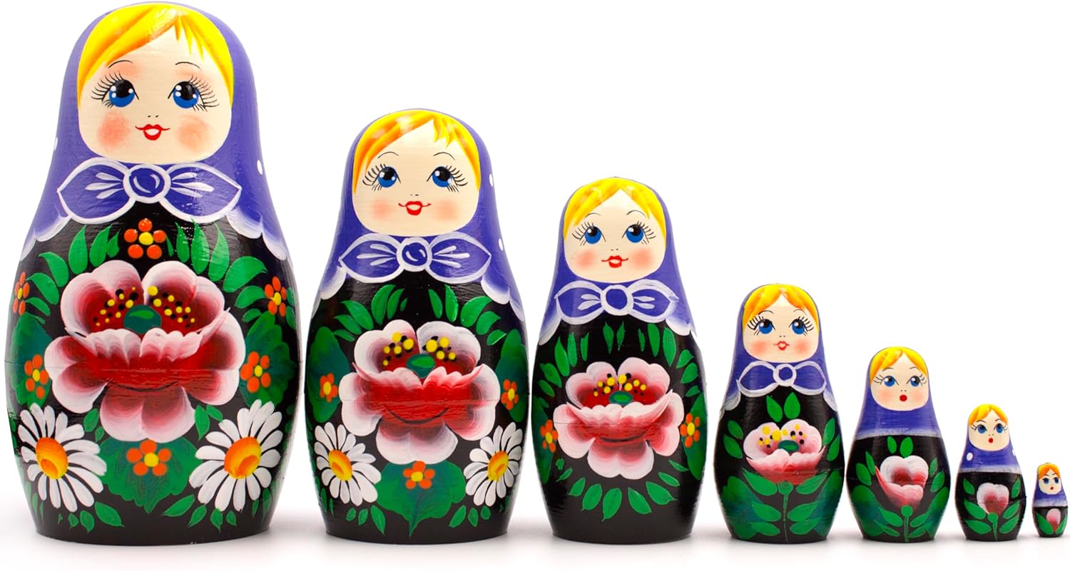 AEVVV Russian Nesting Dolls Set of 7 pcs - Matryoshka Doll in Purple Head Scarf - Shelf Decor Aesthetic - Cool Apartment Stuff - Rustic Home Table Decor