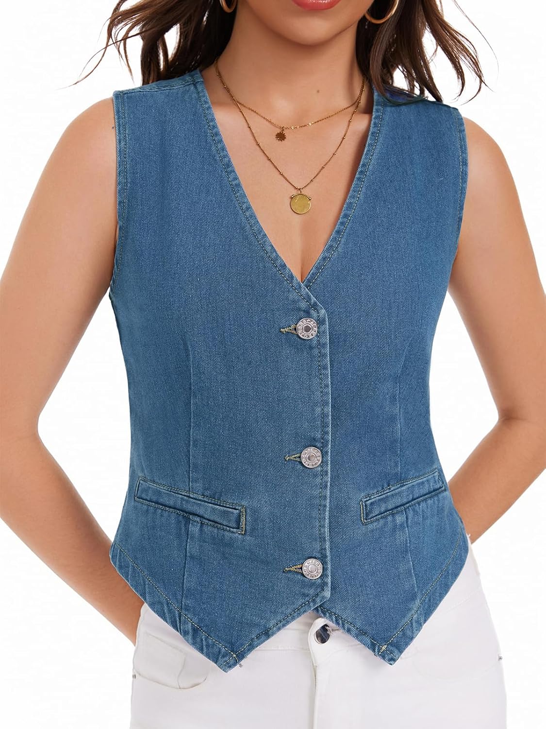 Womens Denim Vest Sleeveless V Neck Button Down Jean Jacket Y2K Summer Crop Tops - Image 3