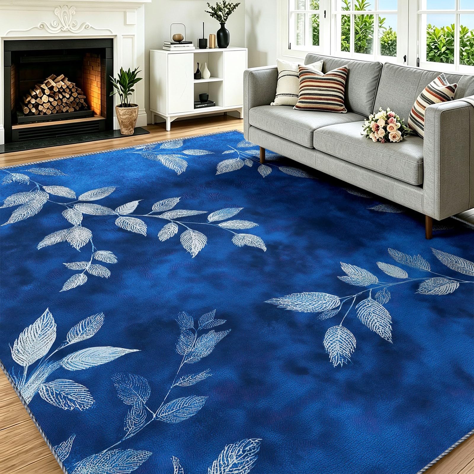 Tapis salon botanique bleu 60x110 cm lavable pour chambre
