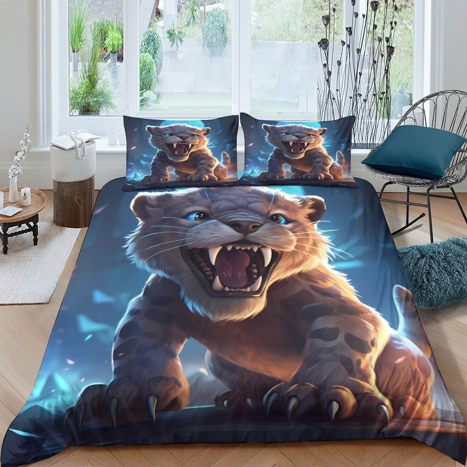 Ctjqhvkz Style-4 3D Printed Roaring Lion Fitted Sheet Microfiber Soft Breathable Blue Jungle Mattress Cover Bedroom Decor Single（135X200cm）