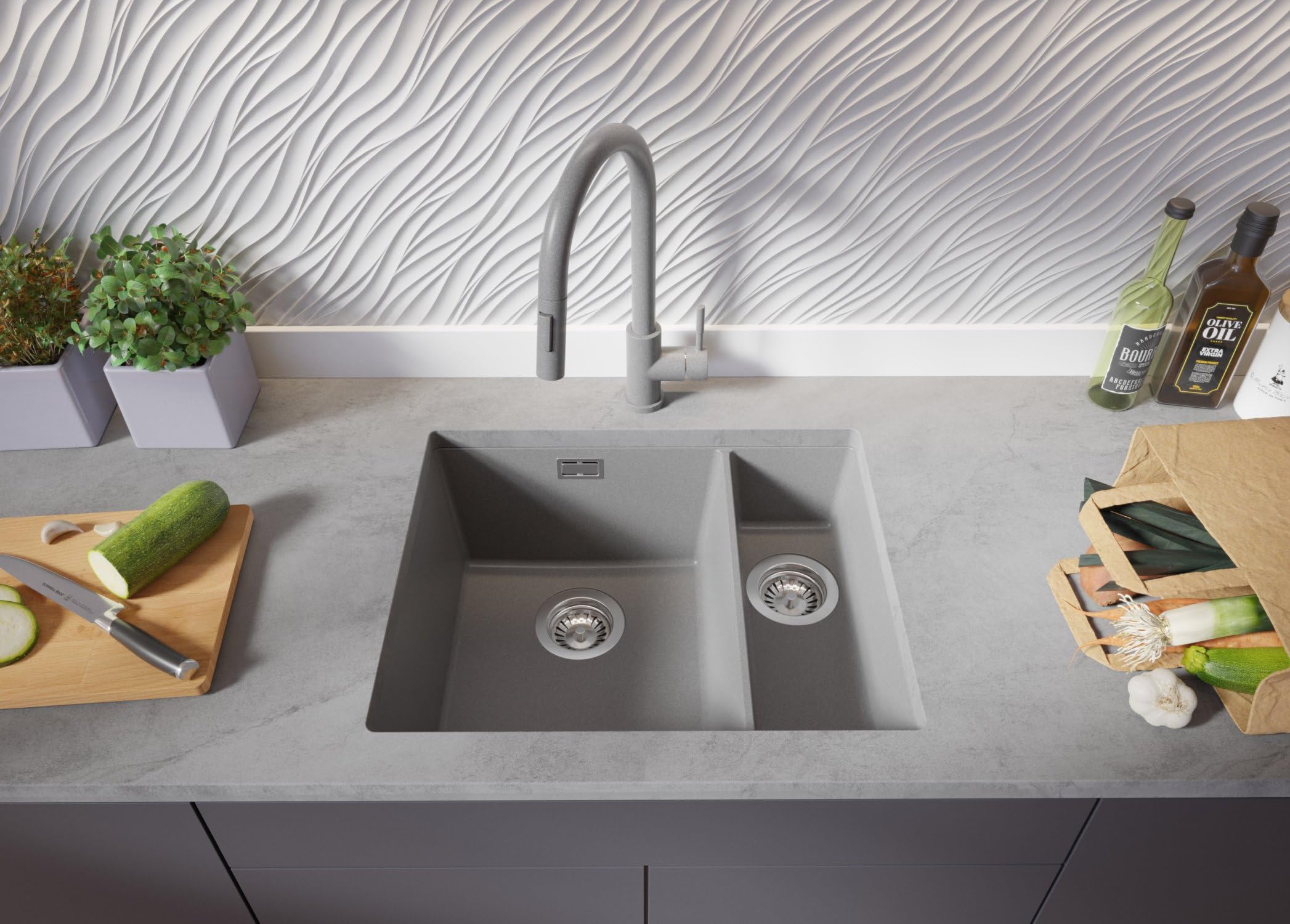 PRIMAGRAN Evier Sous Plan Gris 56x47cm, Evier en Granit 1,5 bacs + Kit de Vidage + Égouttoir Enroulable, Évier au Meuble 60cm - London Duo S039