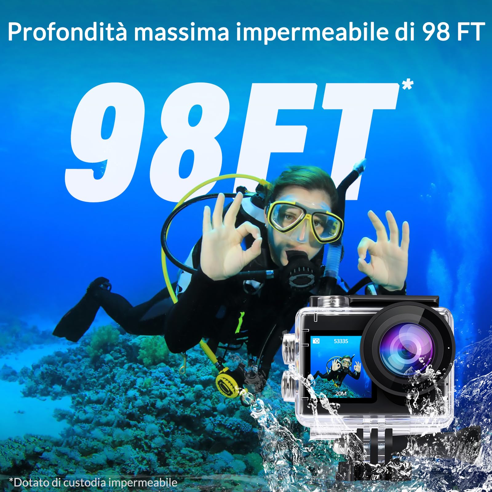 icefox Action Cam 4K 60FPS 20MP, Fotocamera Subacquea con EIS, Telecamera Subacquea con Zoom 5X, Telecomando WiFi e App per Modificare Video e Foto, Ideale per Ciclismo, Immersioni e Nuoto