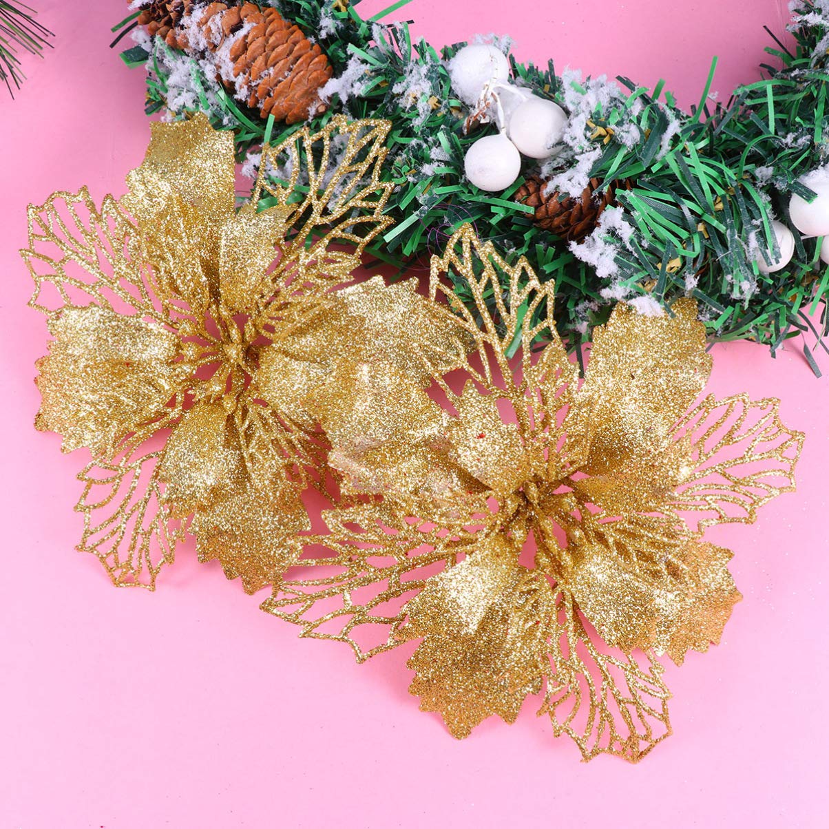 ゴールドのお花オーナメント キラキラ 造花 クリスマスツリー飾り 12個