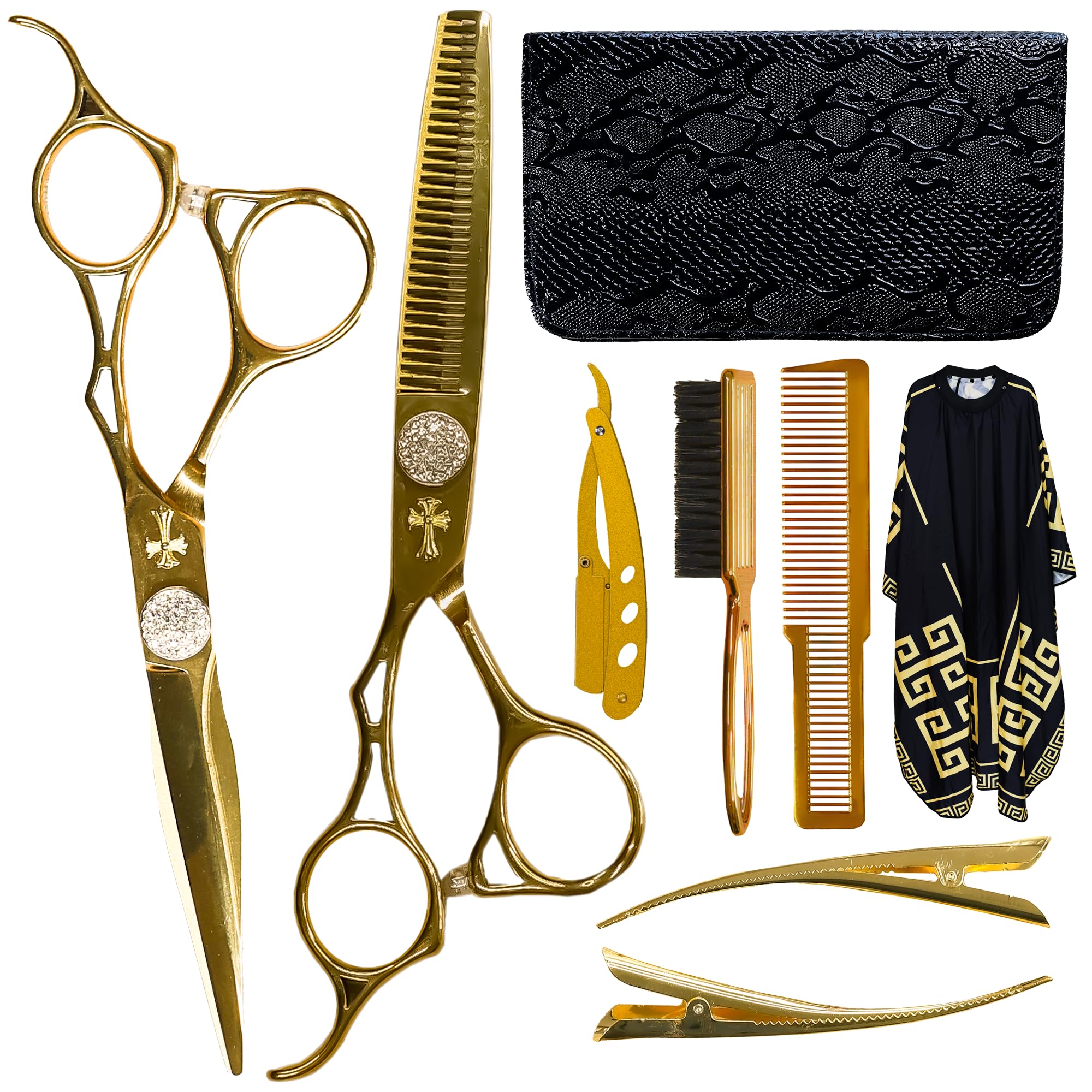 WR CASTLE Kit de coiffure Ciseaux de coiffure professionnels Pinces à cheveux Brosse à cheveux Peigne Rasoir Cape de coiffeur Étui en cuir