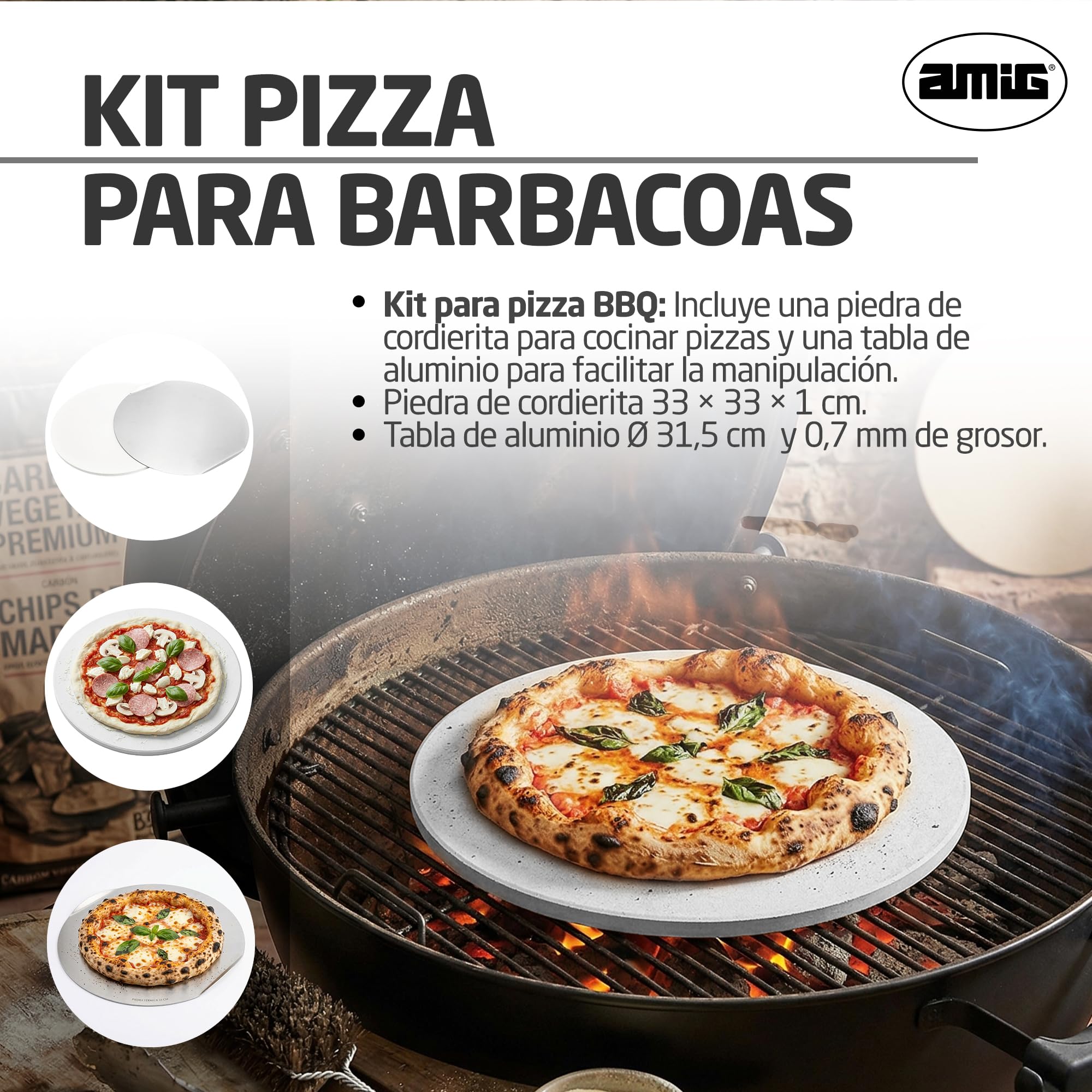 Amig – Pizza‑Set für Grill – Cordieritstein und Aluminiumplatte – Durchmesser Stein 33 cm – Durchmesser Platte 31,5 cm – Geeignet für Backofen und Grill – Mod. AM27