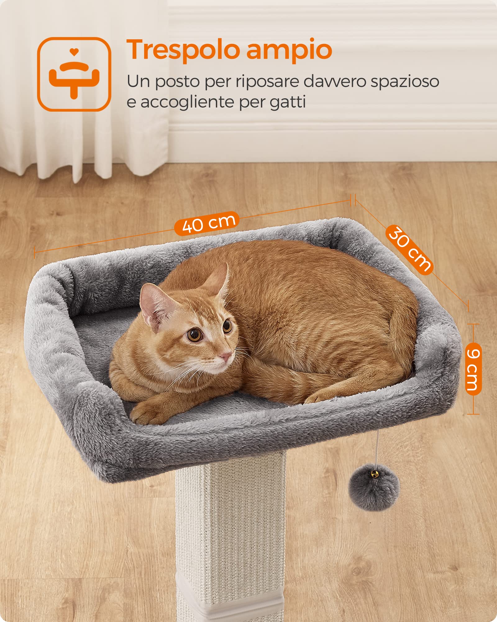 Feandrea Albero per Gatti, Tiragraffi con Piattaforma in Peluche da 40 x 30 cm, Graffiatoio per Gatti, Alto 71 cm, Colonna con Sisal Intrecciato, Base 45 x 40 cm, con Pompon, Grigio Chiaro PCA022W01