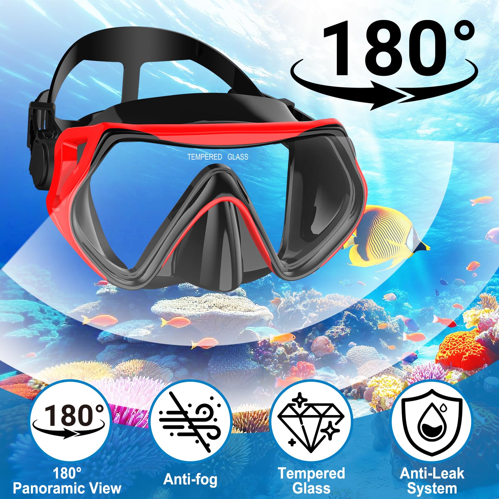 Schnorchelausrüstung für Erwachsene, Schnorchel-Set, Tauchmaske, Dry-Top, Schwimmbrille für Erwachsene mit Nasenabdeckung, HD-gehärtetes Glas, Panorama-Anti-Leck, Anti-Fog (Dunkelrot)