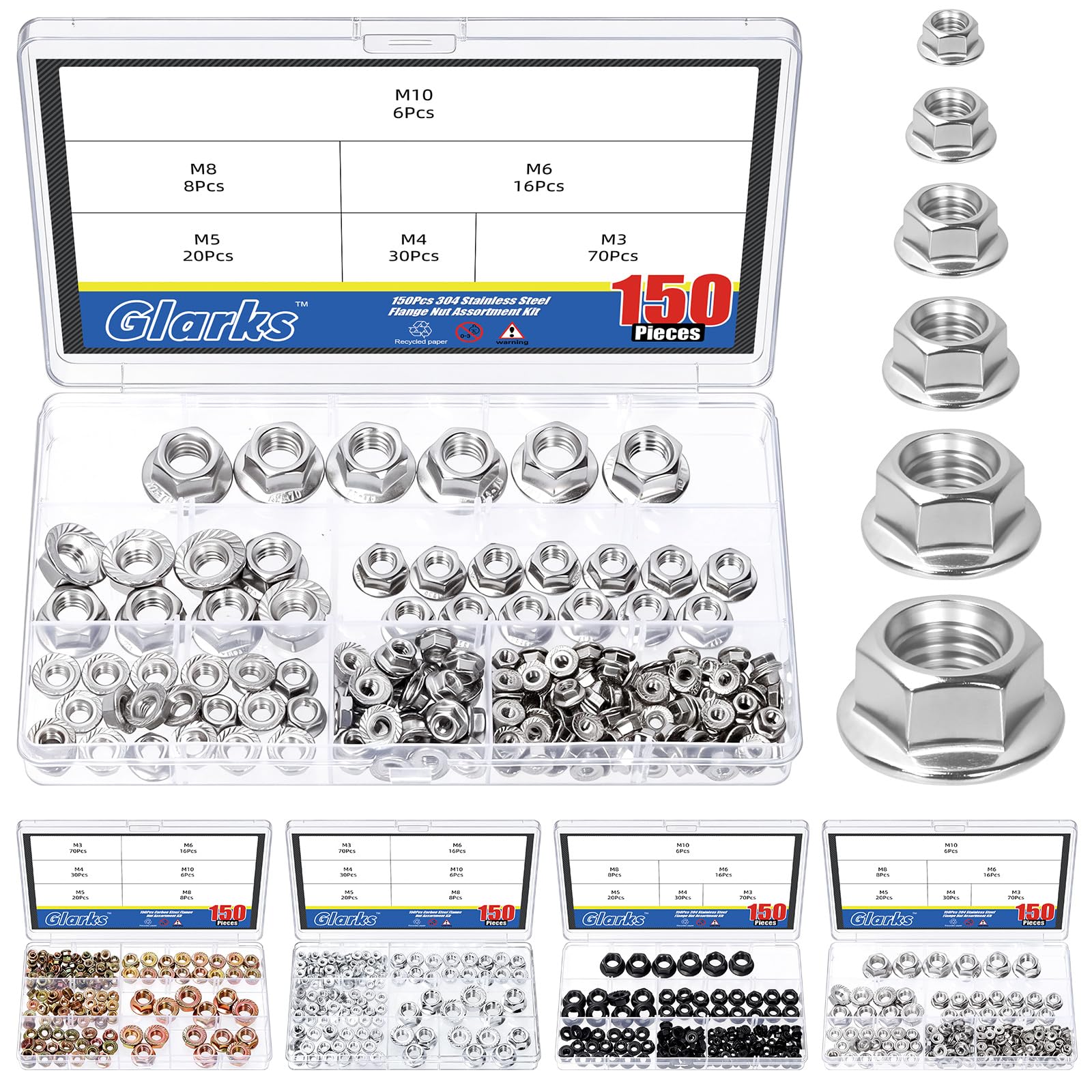 Glarks 150pcs M3/M4/M5/M6/M8/M10 Serrated Hex Flange Lock Nuts Kit, Stainless Steel Hexagon Metric Flange Nuts, Serrated Flange-Lock Nut for DIY Home Mechanism, Industrial Construction