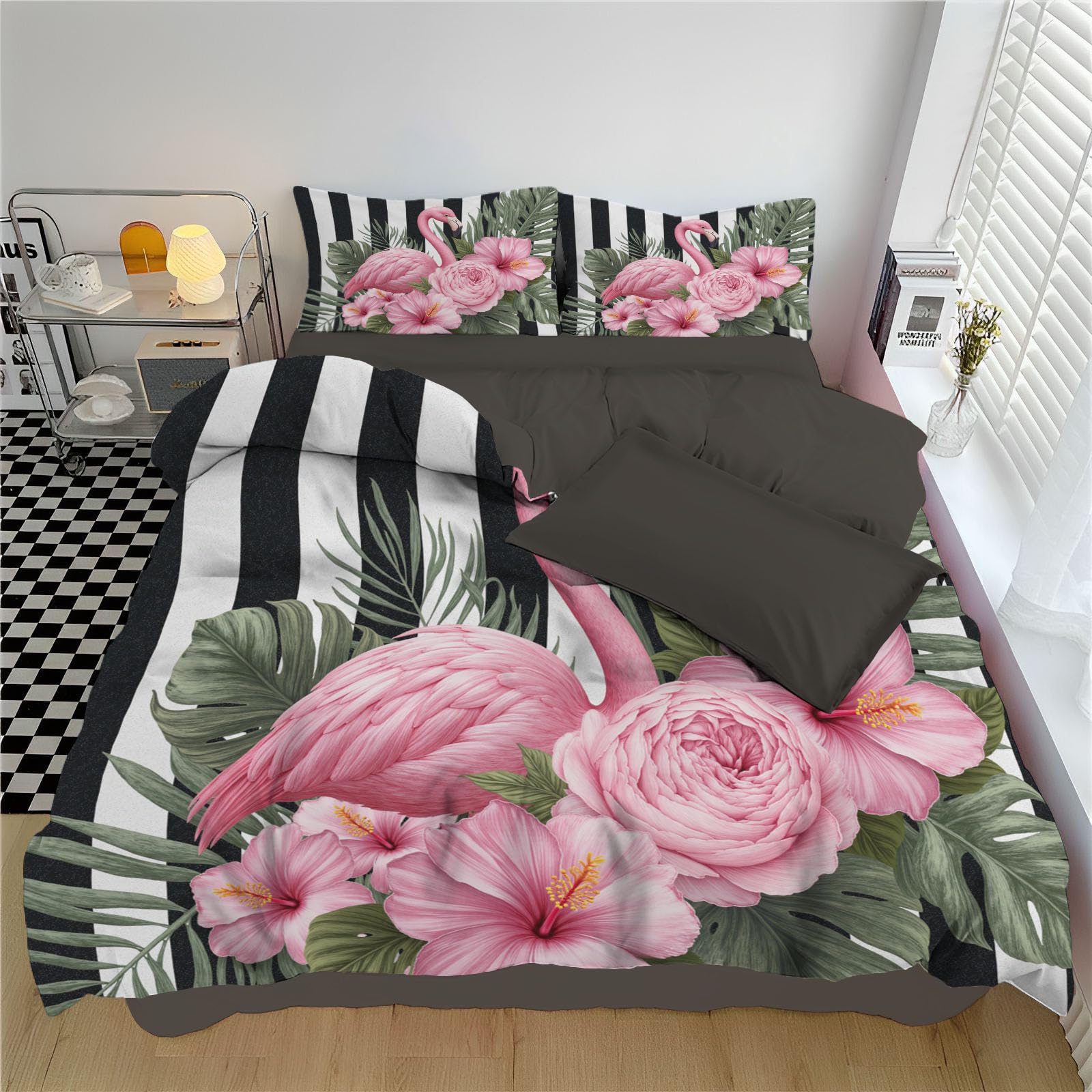 Parure de lit flamant rose 200x200cm finitions soignées design réversible haut de gamme vert rose