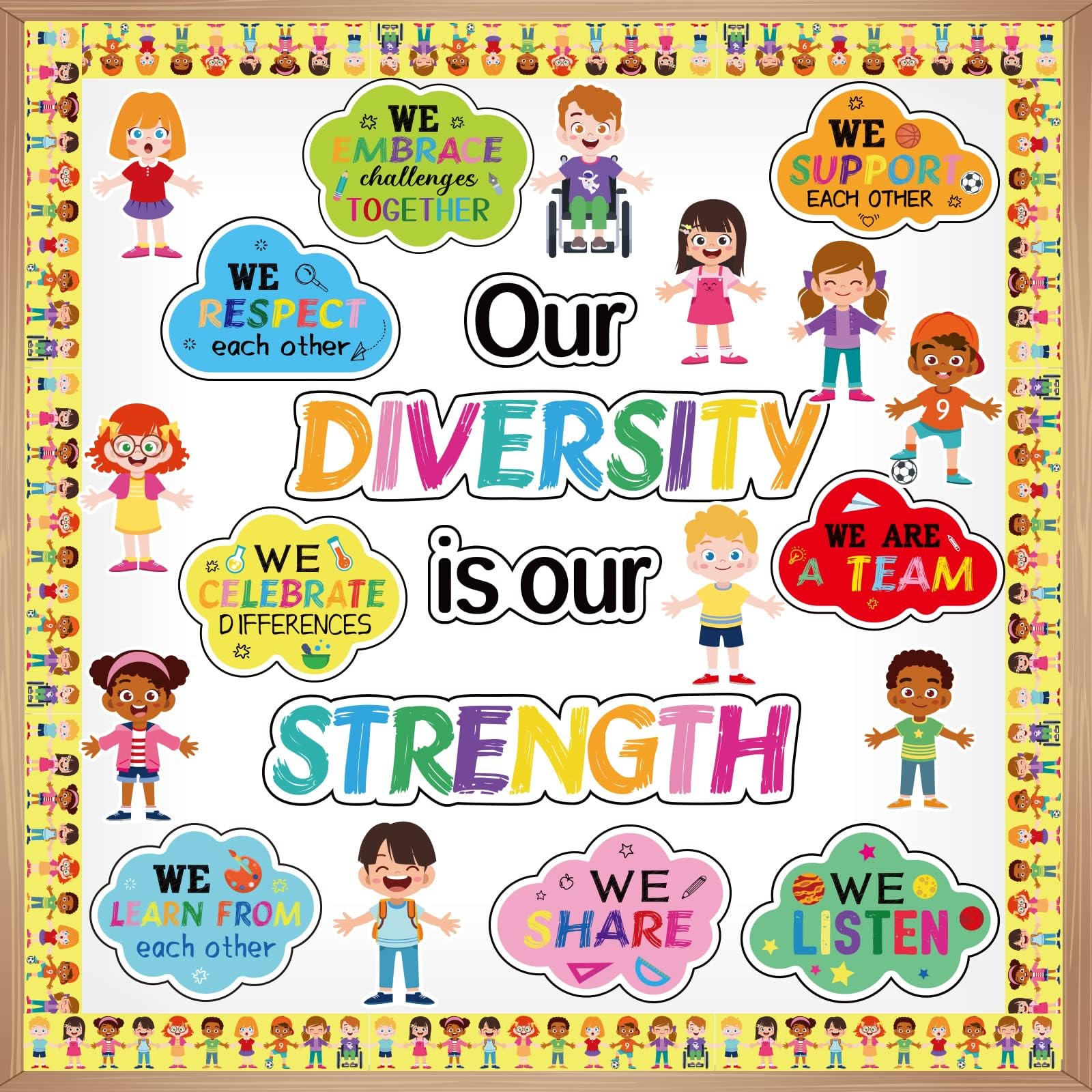 Diversity Bulletin Board Decoration Set Diverse Students Borders Cutouts for Party School Classroom Door Welcome Bulletin Board Craft Home Wall(Our Diversity is Our Strength)