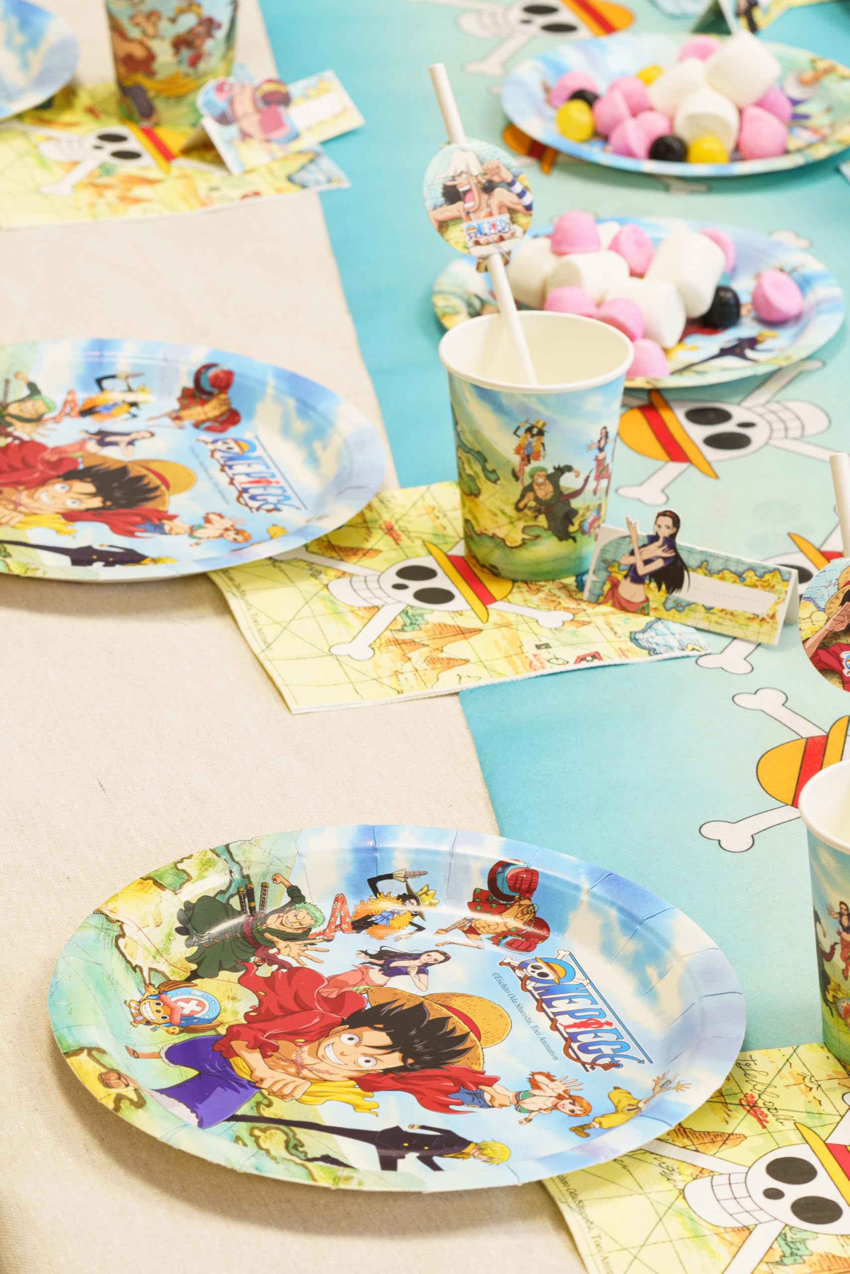Chaks - Set ufficiale per feste One Piece per bambini, piatti, tovaglioli, palloncini, inviti e ghirlande, decorazioni anime per compleanni