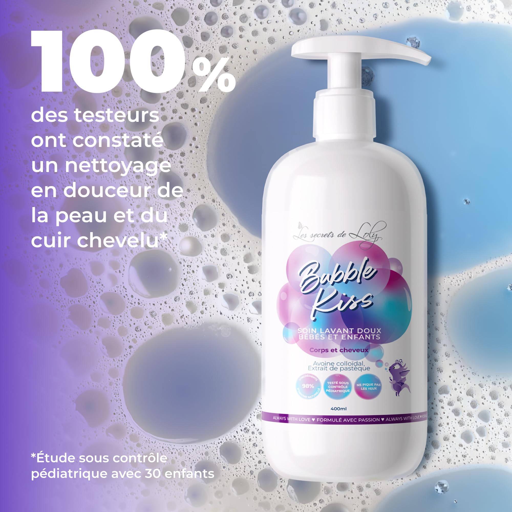 Les Secrets de Loly – Bubble Kiss – Soin lavant bébé 2-en-1 corps & cheveux Ultra-doux – Peaux sensibles & cheveux texturés (dès la naissance) – 98% d'origine naturelle – 400 ml
