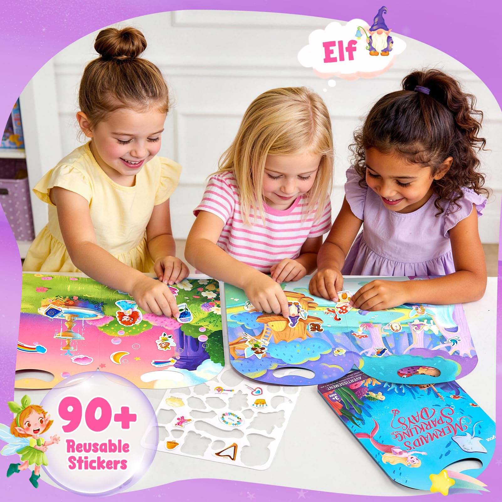 JoyCat Lot de 3 Livres Autocollants Réutilisables: Licorne, Fées, Sirène - 90 Gommettes Enfant, Livre d'activités pour enfants 3 4 5 Ans, Jouets éducatifs, Cadeaux d'anniversaire Garçons et Filles