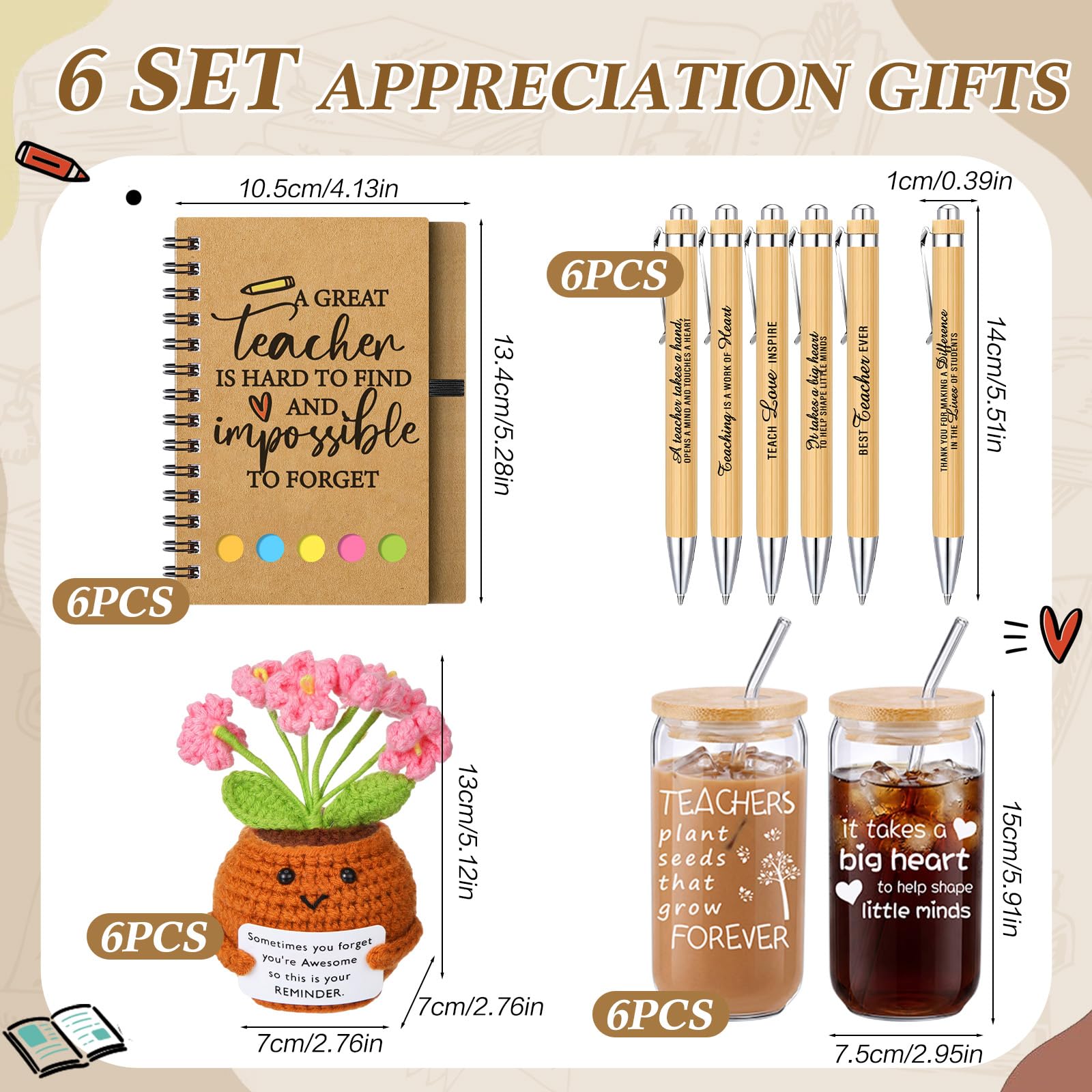 Thenshop Set regalo di apprezzamento per insegnanti, 24 pezzi, 473,6 g, 6 tazze di vetro per insegnanti di ringraziamento, 6 quaderni a spirale, 6 penne a sfera e 6 bambole all'uncinetto, regali di