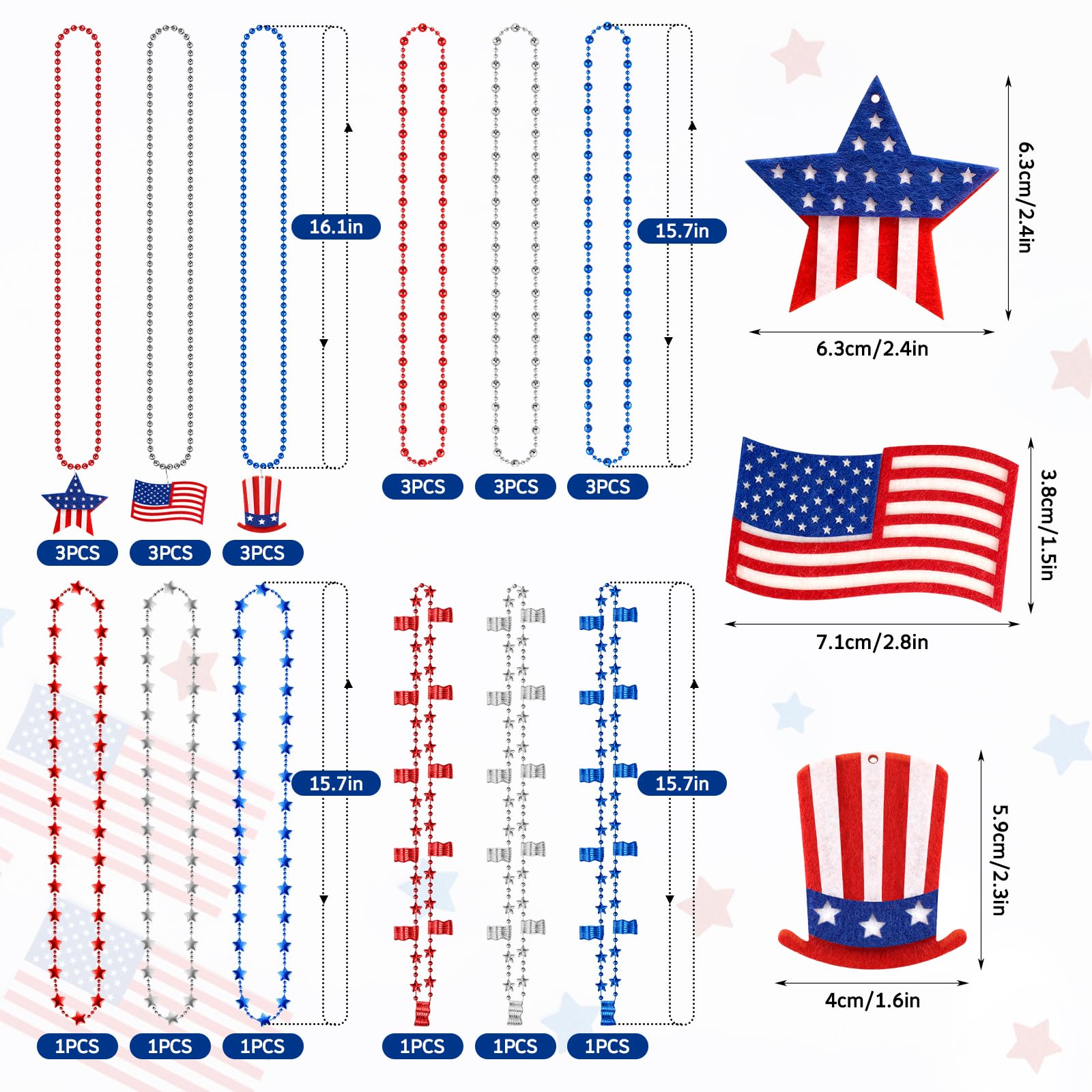 24 collares de cuentas del 4 de julio, accesorios patrióticos, a granel, estrellas rojas, blancas, azules, banderas de Estados Unidos, collares para decoraciones del 4 de julio, accesorios para el Día