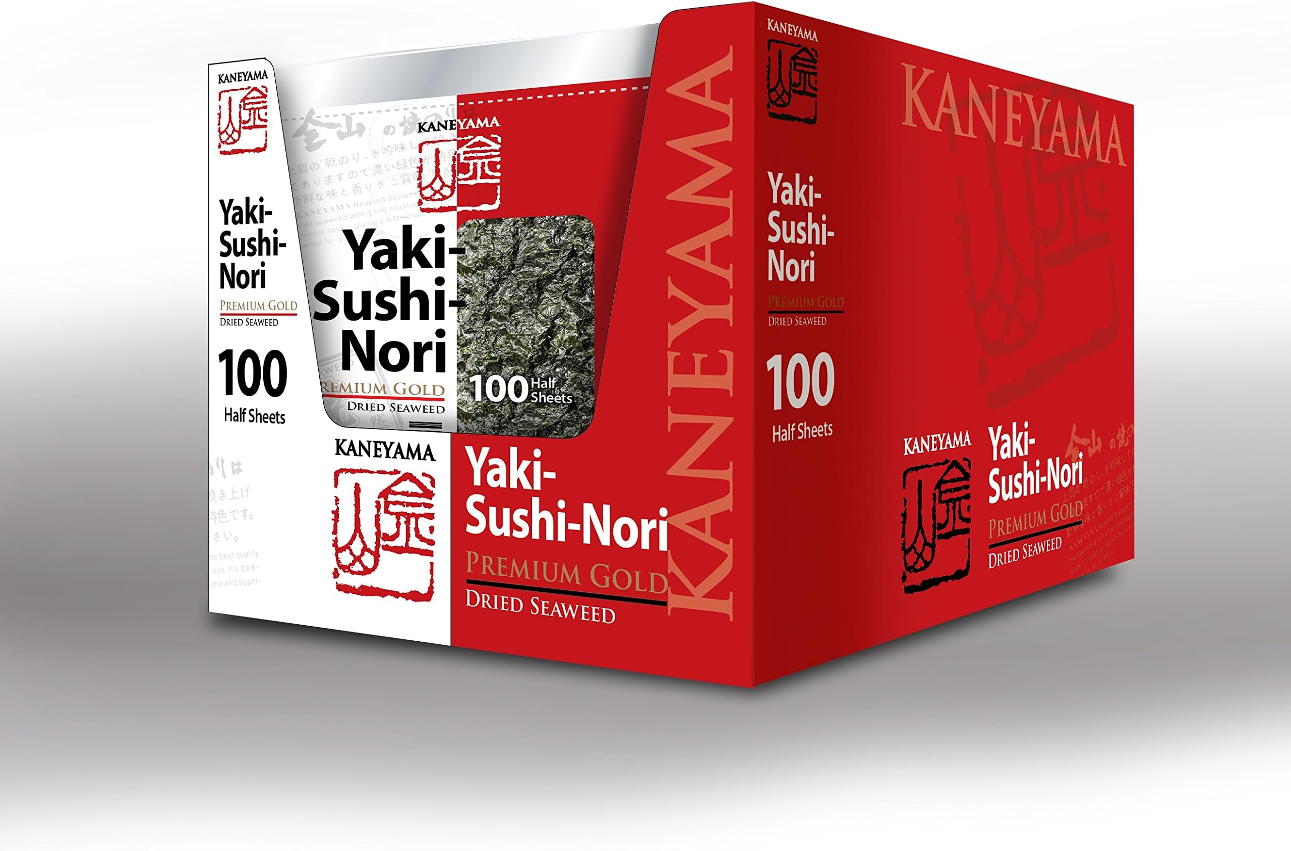Kaneyama Yaki Sushi Nori / Dried Seaweed (Vacuum-packed/re-sealable), Premium Gold Grade (Half Size 100 Sheets 10 Packs)