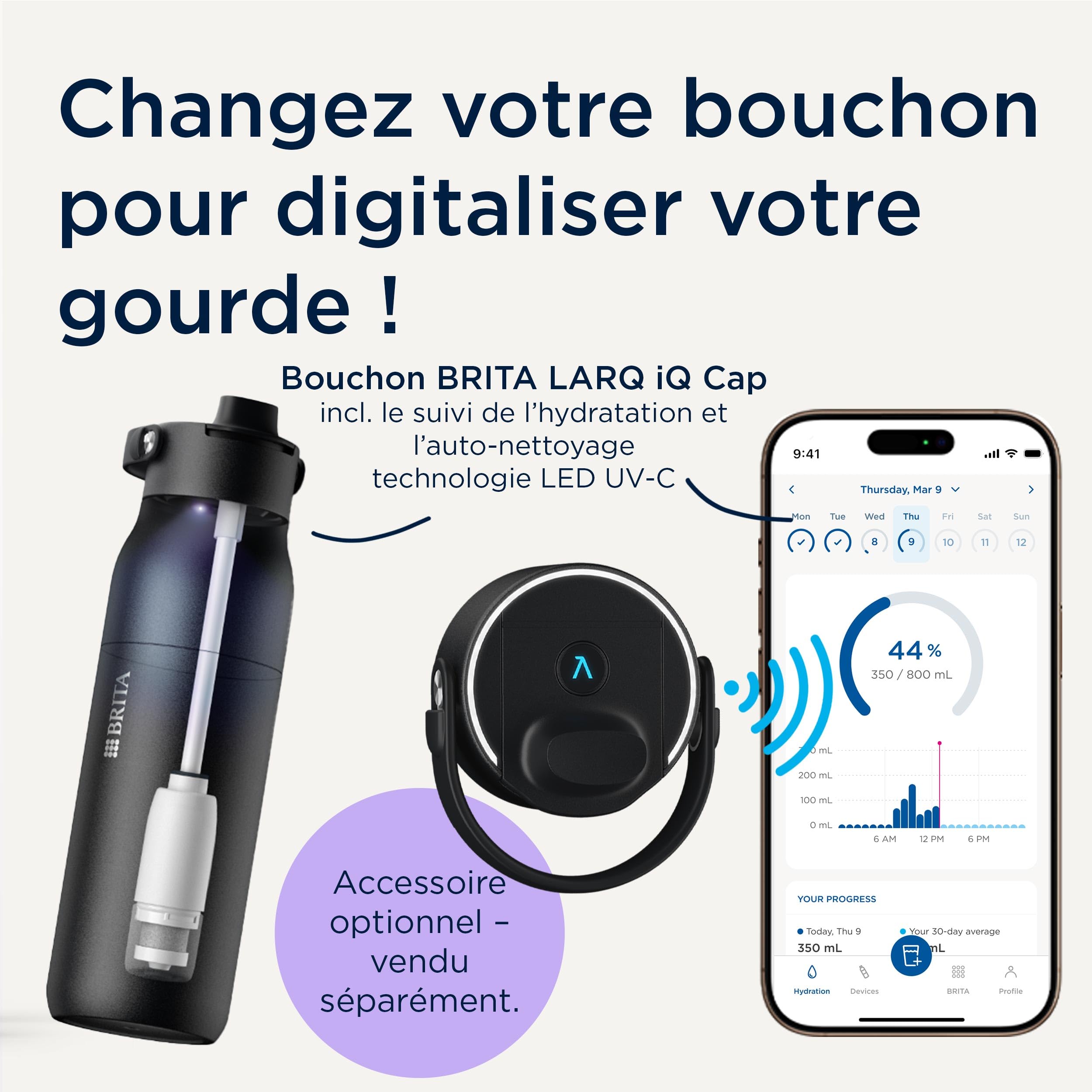 BRITA LARQ Essential gourde isotherme Blache (680 ml) en acier inoxydable avec paille intégrée, double paroi isolante,(conserve l'eau froide 24h), poignée amovible soft-touch