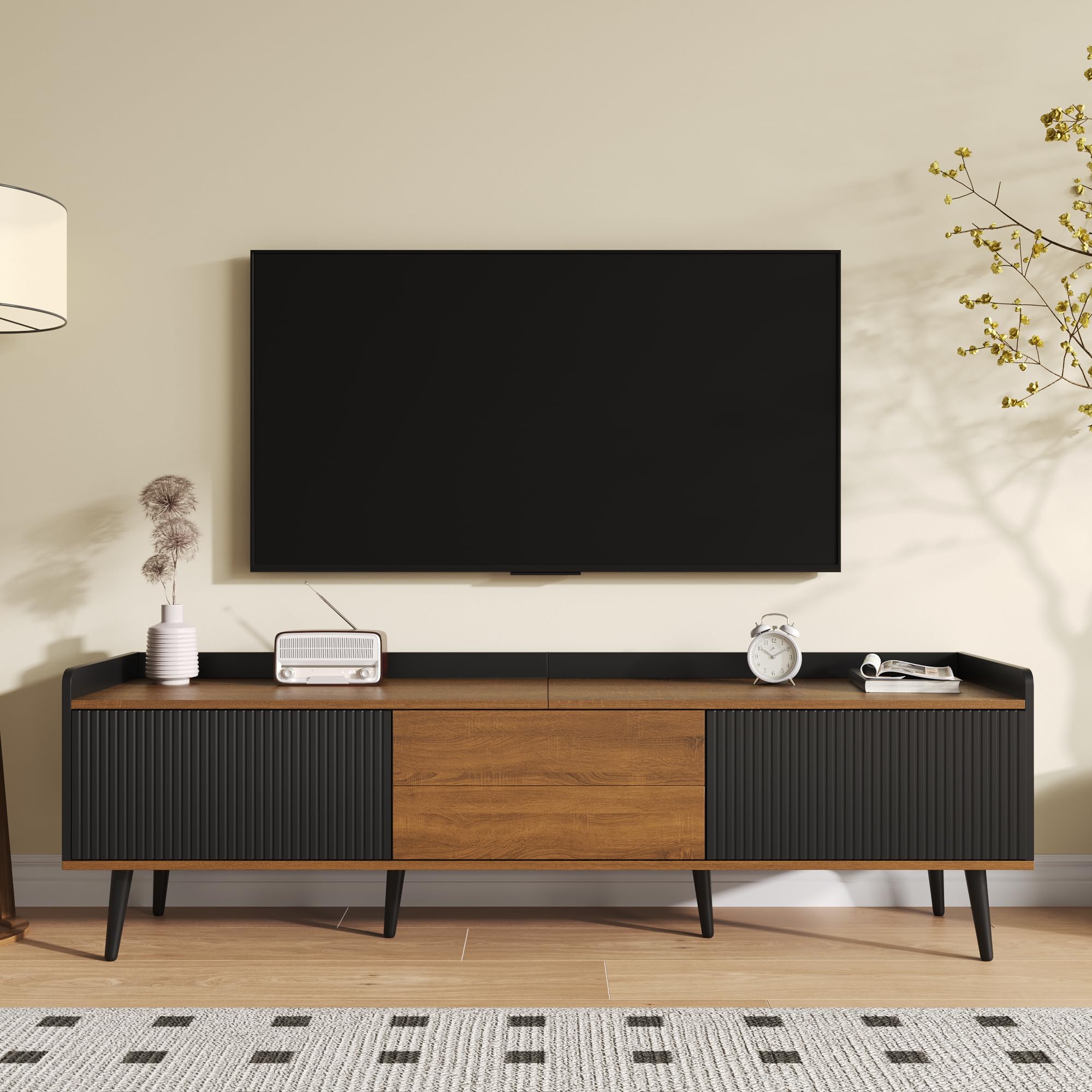BTM TV Stand Cabinet, Black TV Stand with 3 Doors and Black & Natural Wood Finish, 160x39x49.5cm โ image 1