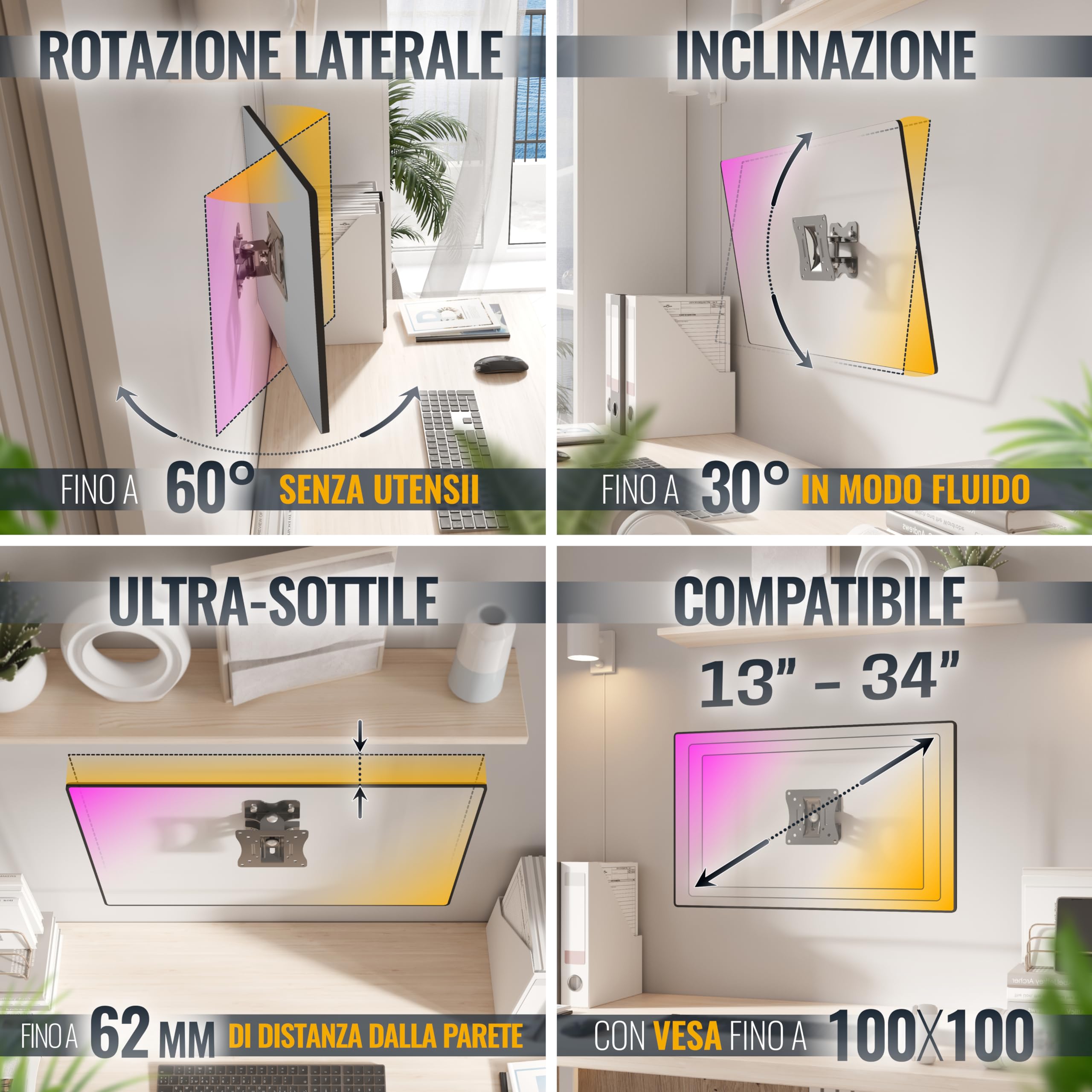 RICOO S0711 Supporto monitor da parete Staffa schermo 13-34 pollici per 13 34 pollici girevole inclinabile fino a 25 kg max VESA 100x100