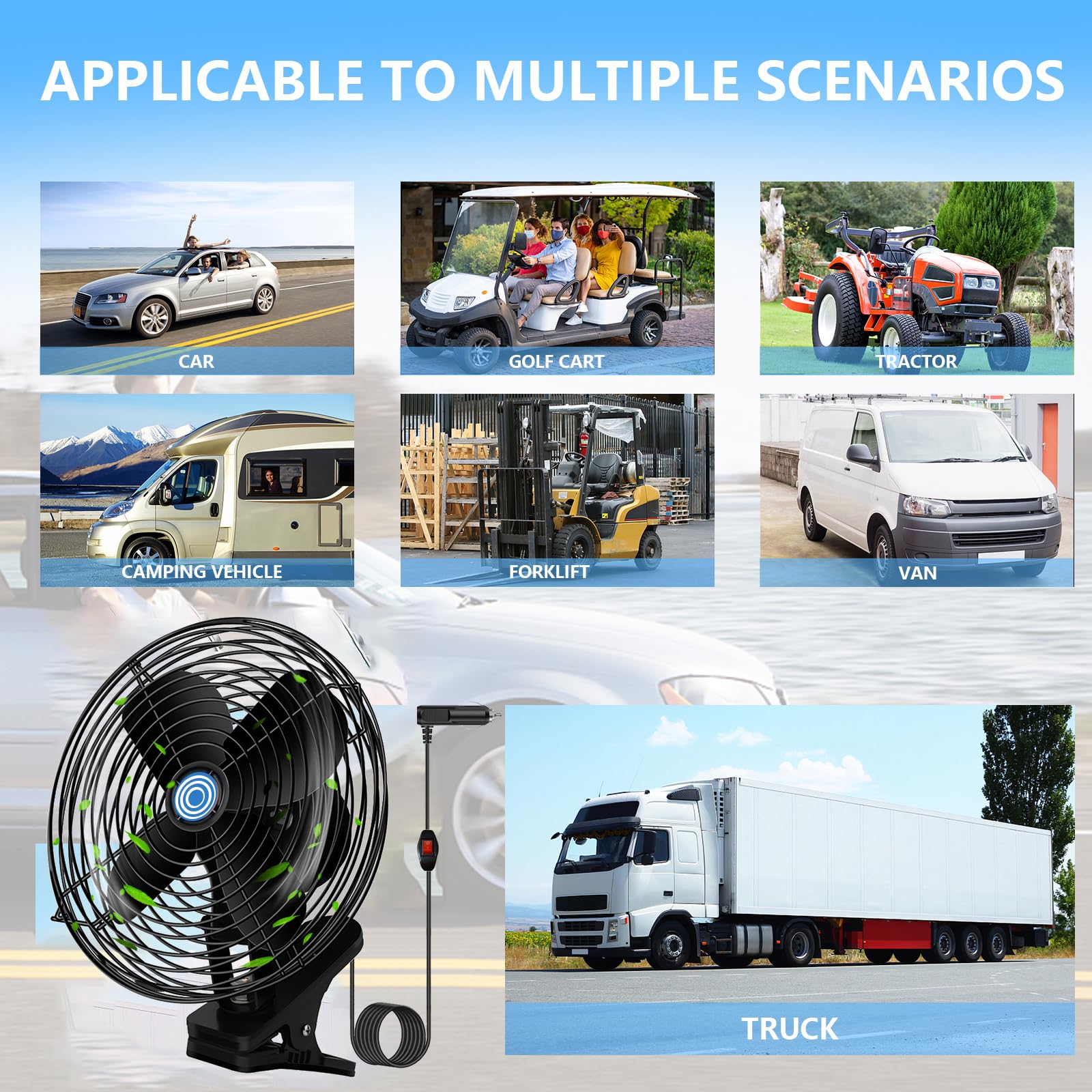 Amazon.com: Ultra-Quiet Portable Car Fan, 8 Inch clip-on Cigarette Lighter  Fan, All Metal 12V Golf Cart Fan, car seat fan, car cooling fan with Clip Cigarette  Lighter Plug forTruck, Boat, Buses, Tractor,Camper :