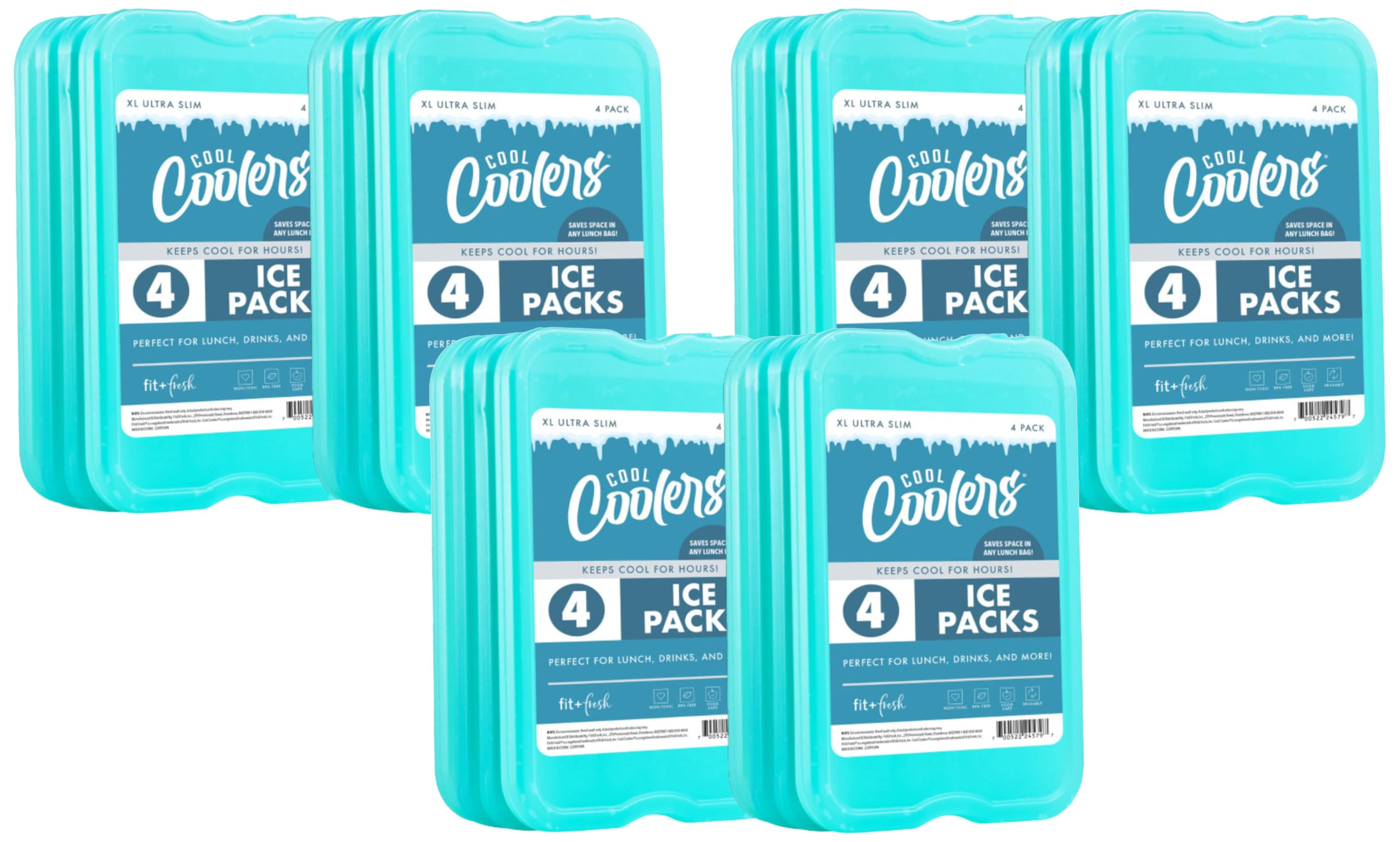 Cool Coolers by Fit &amp; Fresh 4 Pack XL Slim Ice Packs, Quick Freeze Space Saving Reusable Ice Packs for Lunch Boxes or Coolers