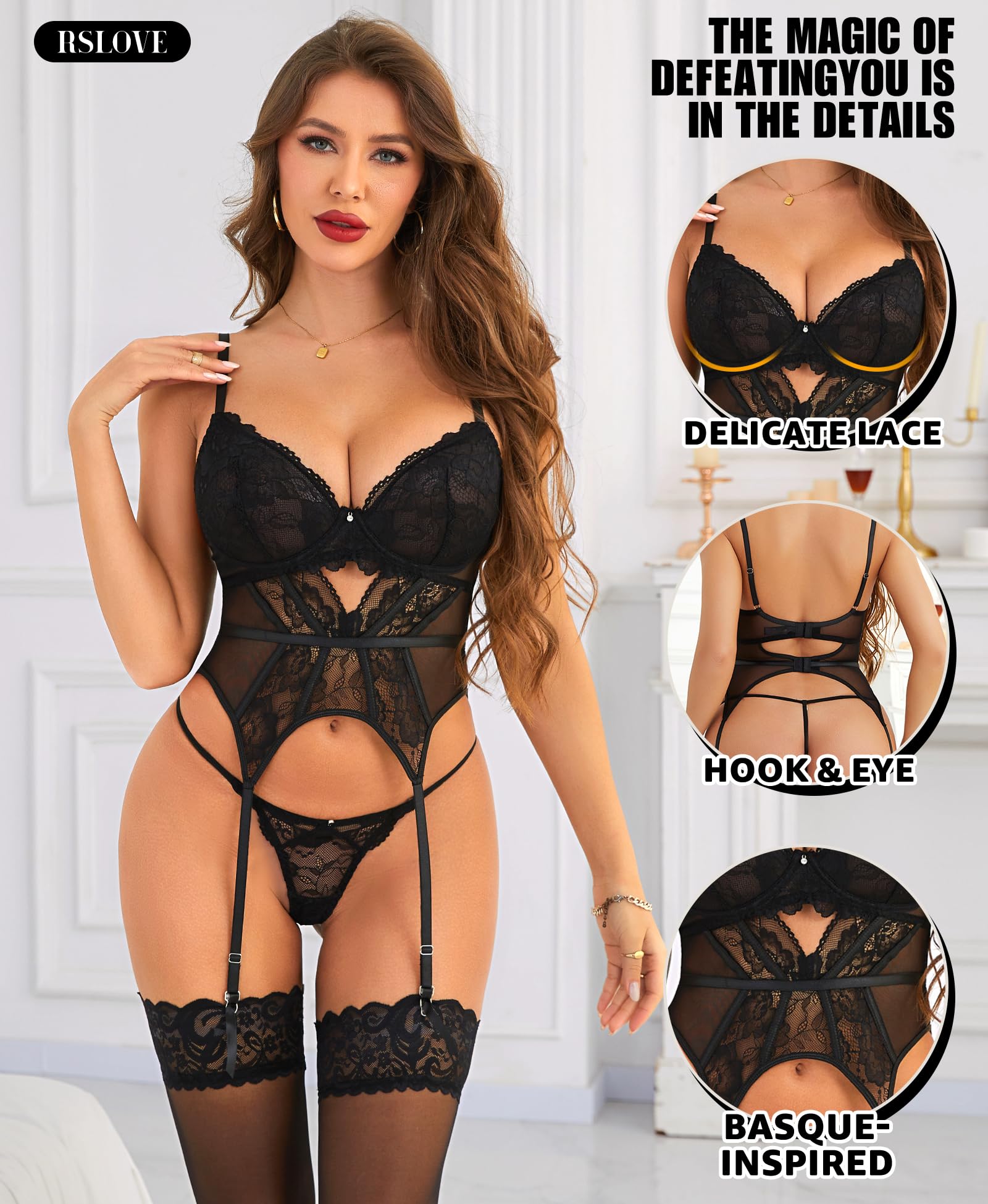 Ensembles de Lingerie Femme Sexy – Body Basque en Dentelle avec Jarretière, 2 Pièces