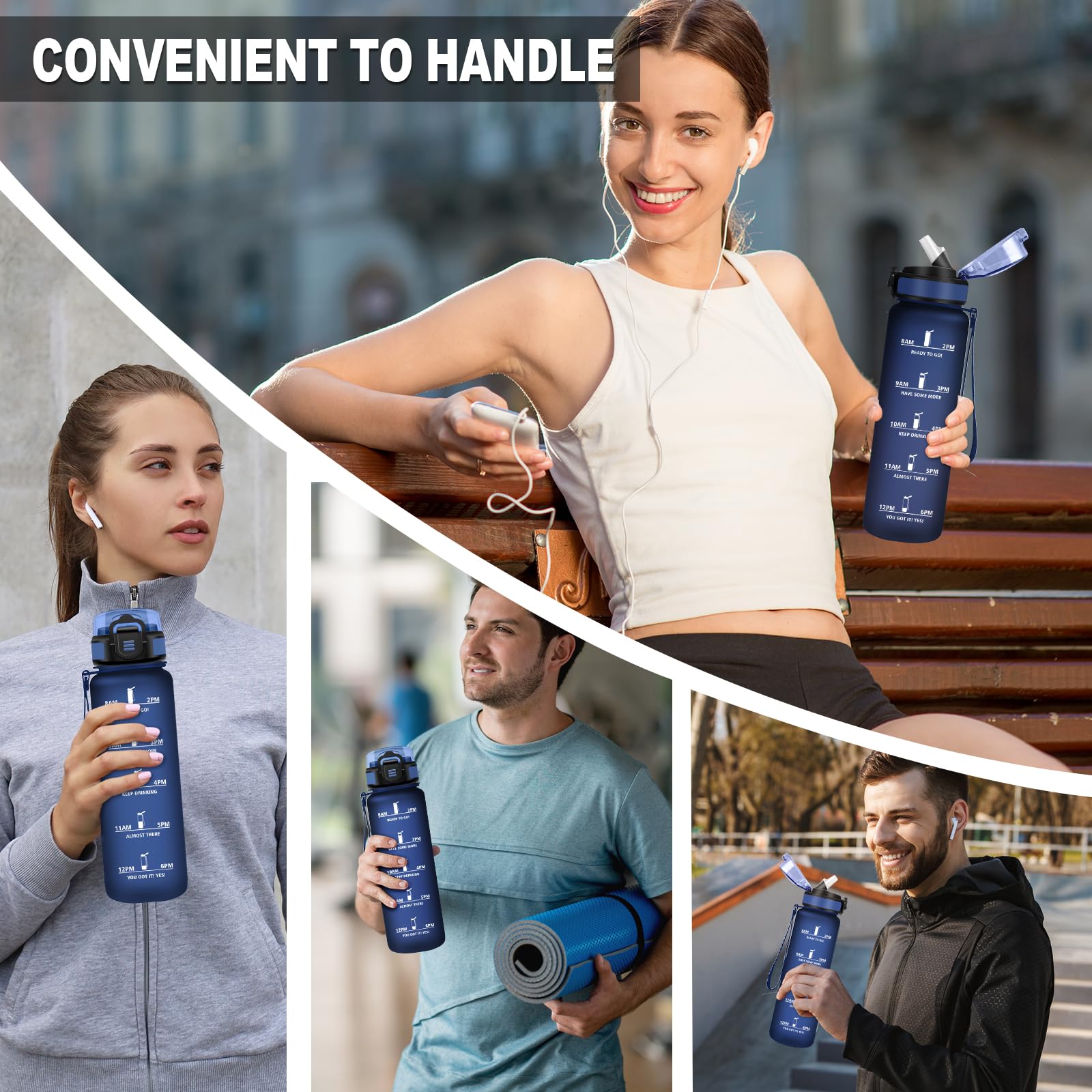 JAPORIA Borraccia 1L, Bottiglia Idratazione con Cannuccia, Indicatore Tempo, Antigoccia, Riutilizzabile, per Ciclismo, Escursionismo, Lavoro