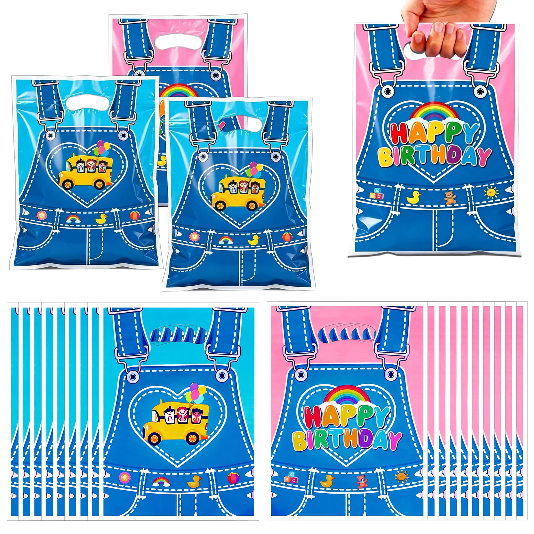 50 Pcs Cartoon English Teacher Gift Bags, Enlightened Teacher Party Bags with Handle Back to School Goodie Holder for Classroom Treats Birthday Decorations Supplies (School Bus)