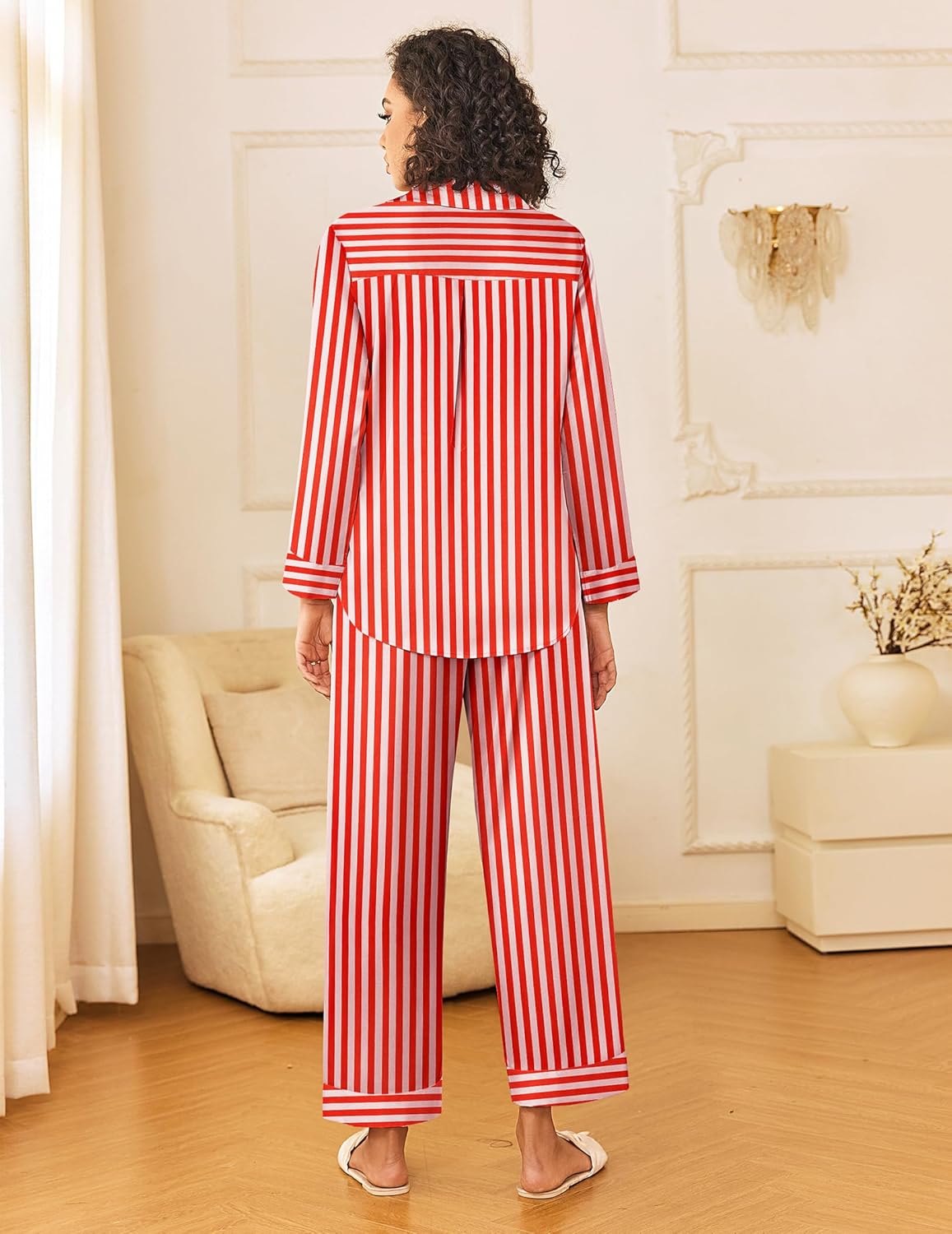 Ekouaer Womens Silk Satin Pajama Sets 2 Piece Sleepwear Pjs Set Long Sleeve Button Down Top and Pants Stripe Loungewear S-XXL - Image 2