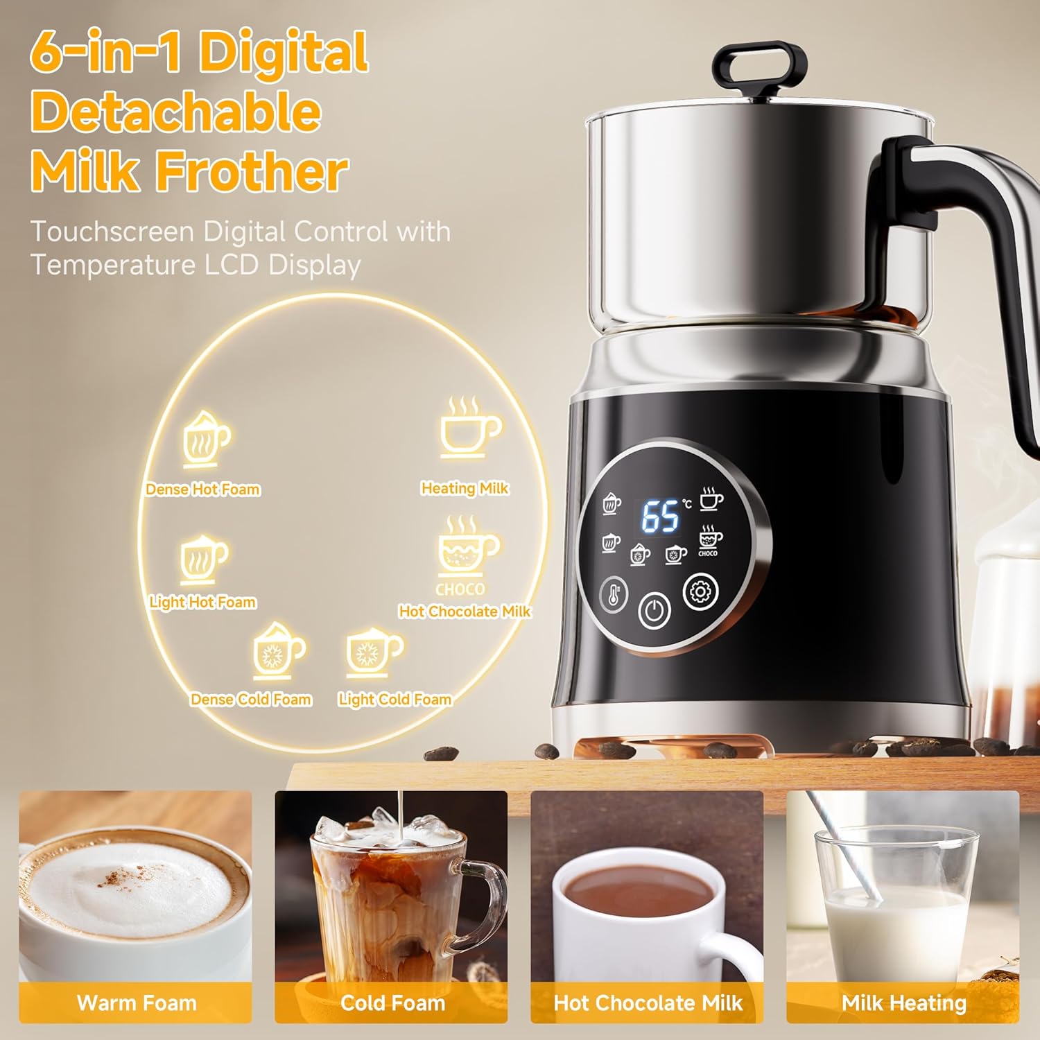 Milk Frother and Steamer, Large Capacity Detachable Electric Milk Frother, Automatic Warm and Cold Foam Maker, Hot Chocolate Maker, BPA Free