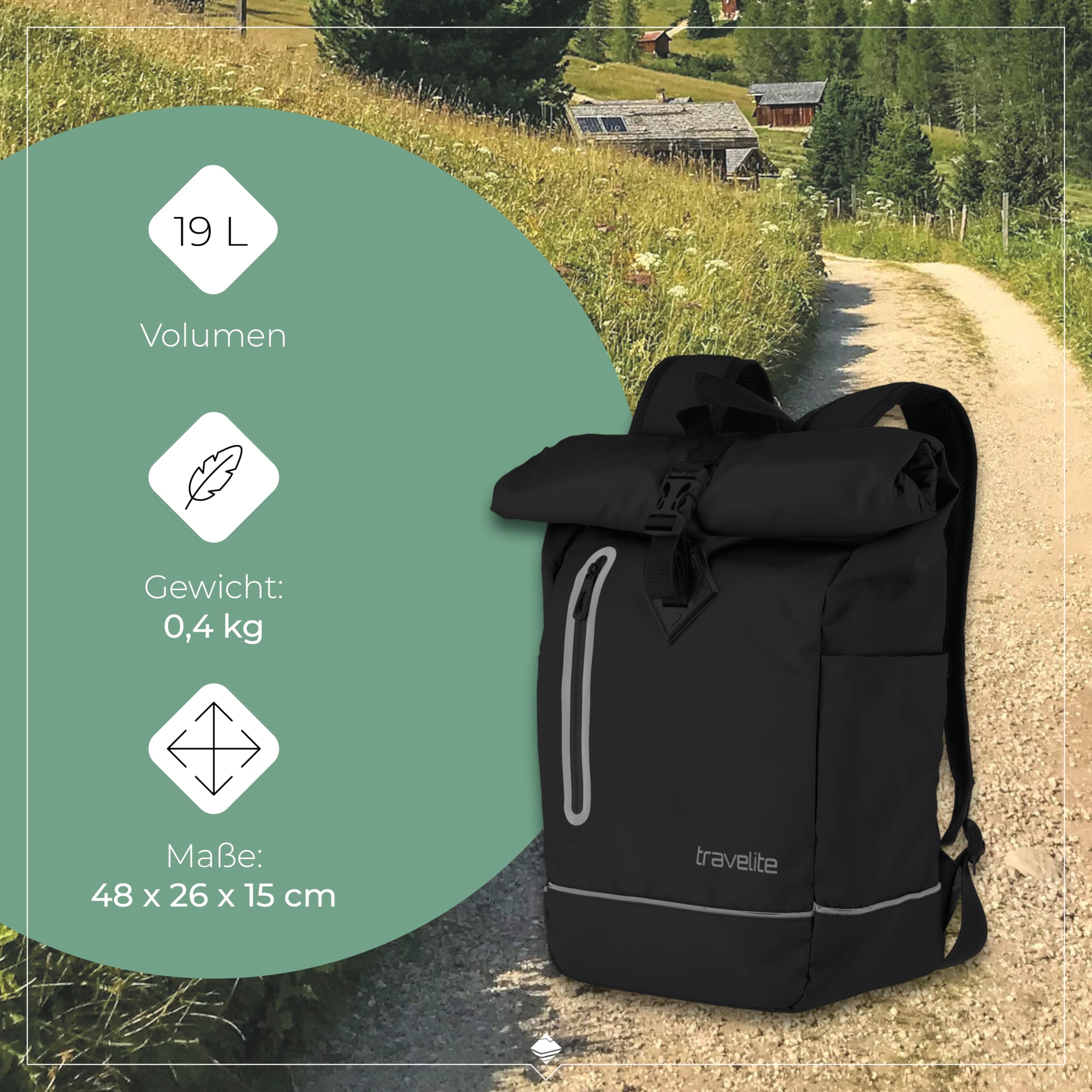 Travelite Rolltop Rucksack wasserfest, Fahrradrucksack, Freizeitrucksack mit Rolltop Verschluss & Reflektoren, BASICS, 48 cm, 19 Liter