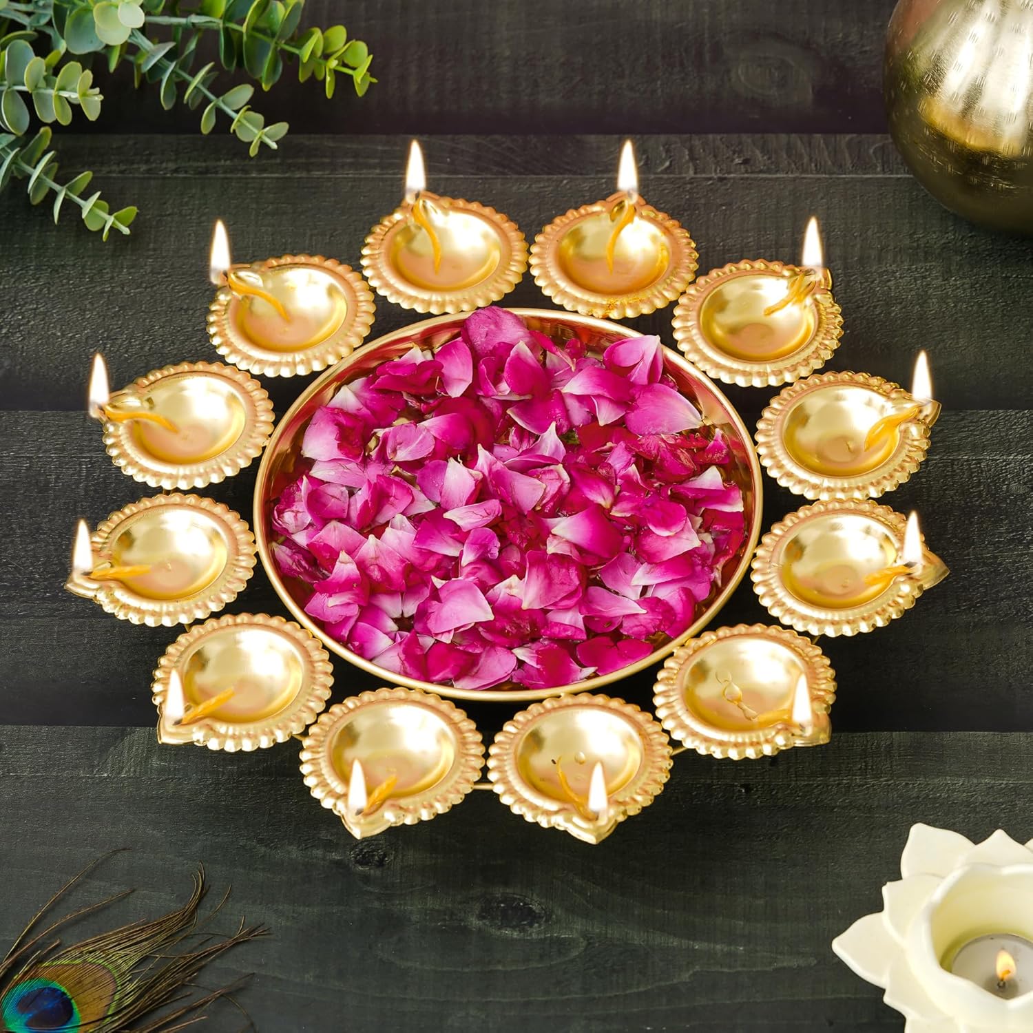 Webelkart Premium Diya Shape Gold Polish Decorative Flower Urli Bowl for Home Decor Diwali Decor Tea Light Candles Home,Office and Table Decor| Diwali Decoration Items (13 Inches)