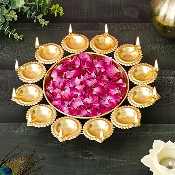 Webelkart Premium Diya Shape Gold Polish Decorative Flower Urli Bowl for Home Decor Diwali Decor Tea Light Candles Home,Office and Table Decor| Diwali Decoration Items 13 Inches