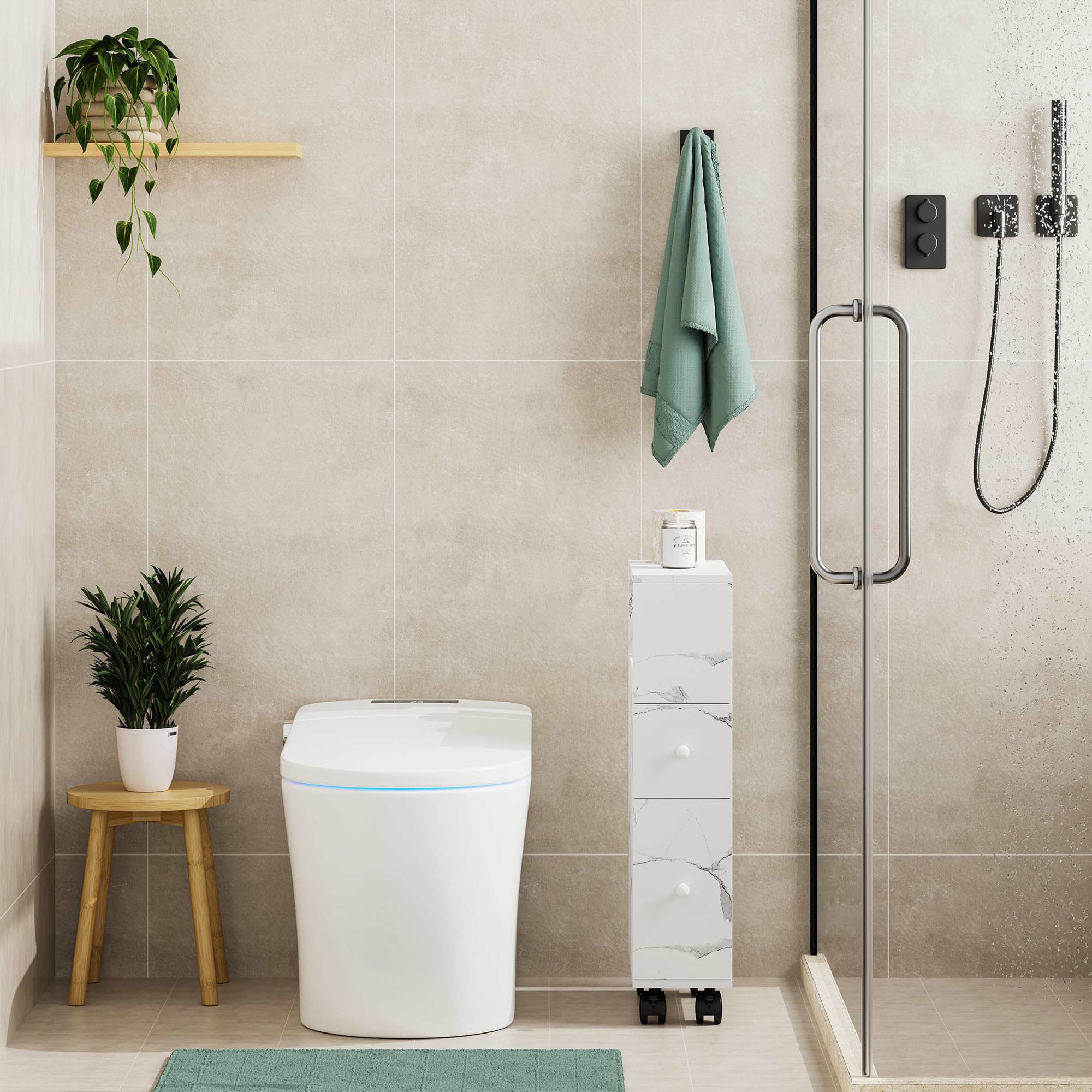 [en.casa] Mobile da Bagno Stretto a Rotelle con 2 Cassetti e Scomparto Aperto Armadietto Estraibile Multiuso per Cucina Lavanderia Ufficio 66 x 15 x 33 cm - Effetto Marmo Bianco