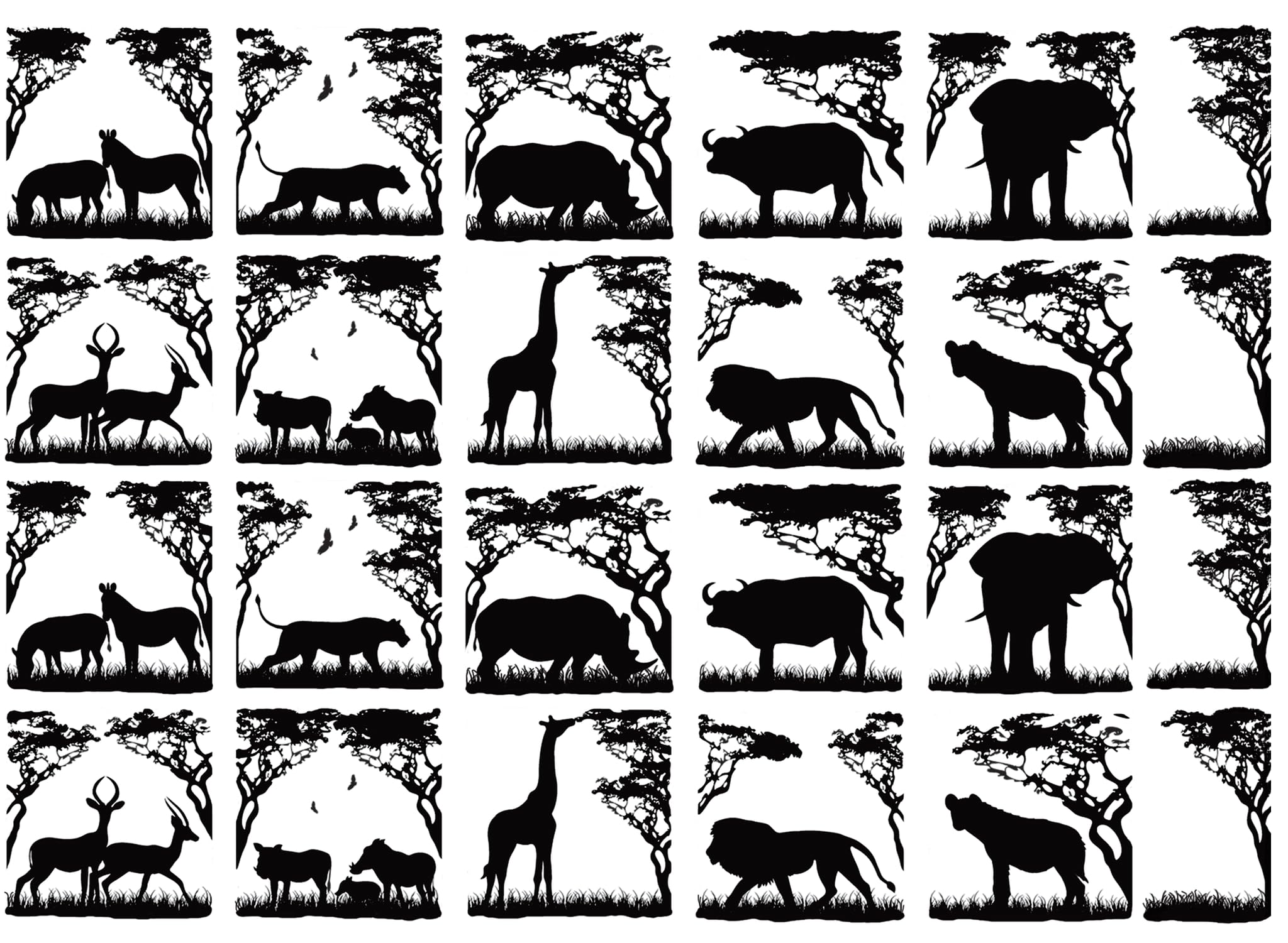 Animals of Africa 24 pcs 1 Inch Black Fused Glass Decals