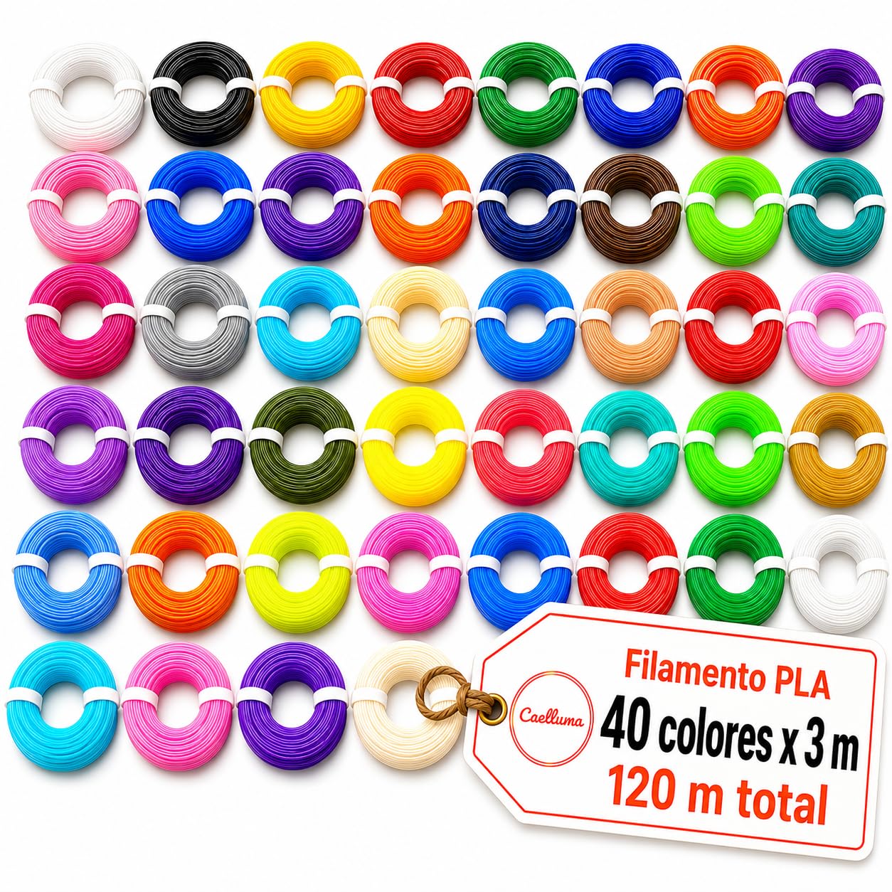 Caelluma Filamento PLA 1.75 mm para Bolígrafo 3D · 40 Colores x 3 m · 120 m Totales · Temperatura 180 210 C · Recambios para Lápiz 3D e Impresora 3D y Proyectos Creativos