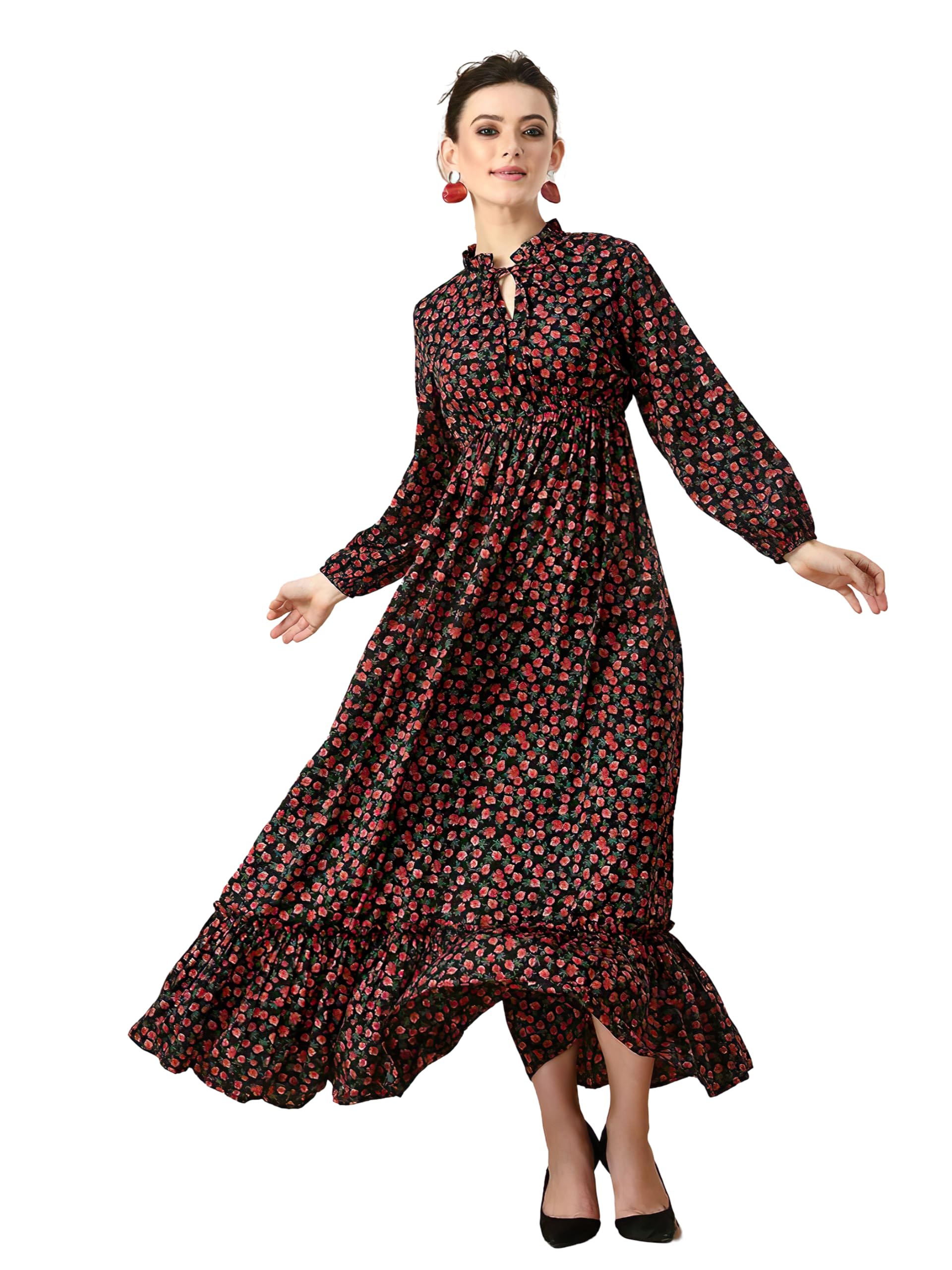 Kzully Women's Crepe A-Line Maxi Dress (8001-Red-Small-Flower-M_Red