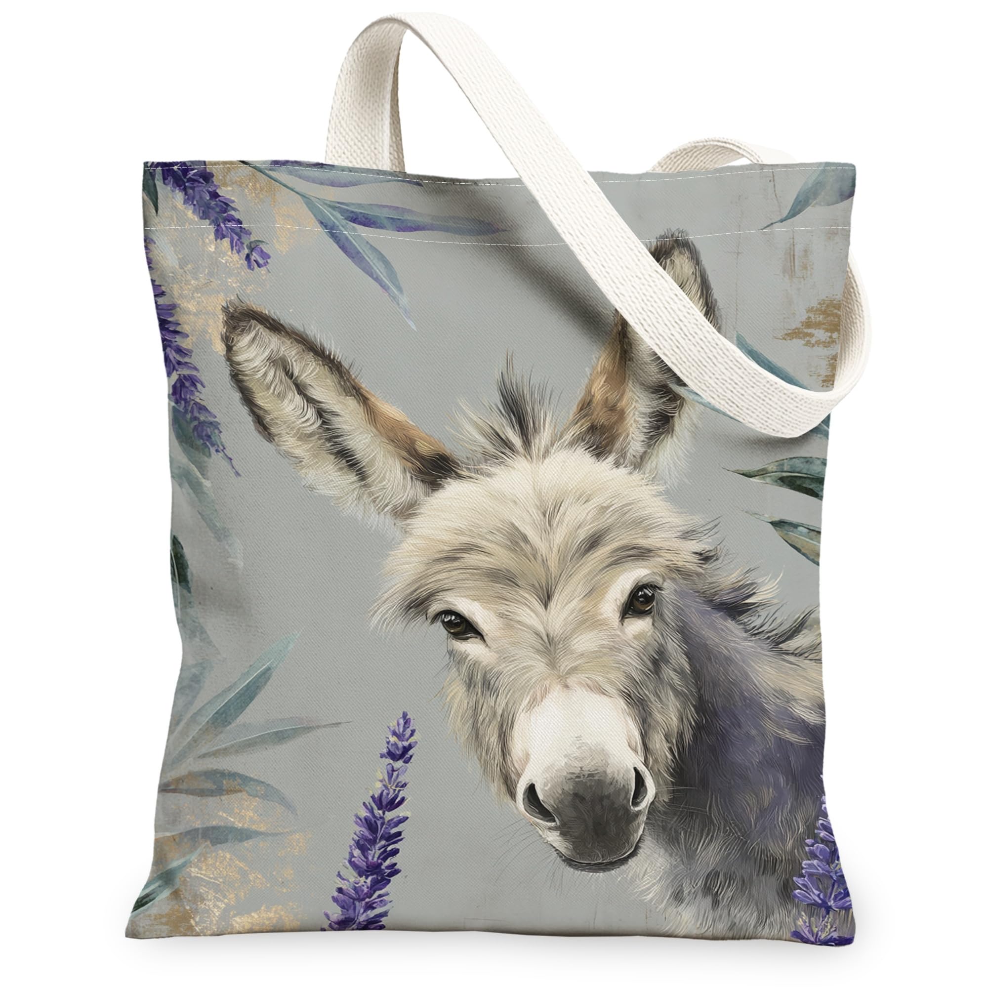 Donkey Floral Canvas Tote Bags, Animal Plant Pattern Reusable Bags, Vintage Lightweight Washable Shoulder Strap Canvas for, Gray, 13x15 Inch