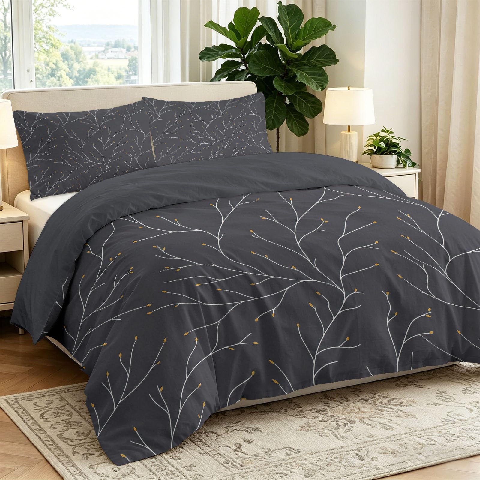 Gris Parure de Lit 3 Pièces Lignes Moderne Feuilles Plantes Literie, Douce Housse de Couette 140 x 200 cm et 2 taies d'oreiller, Parure de lit 2 Personnes avec Fermeture éclair, Minimalist