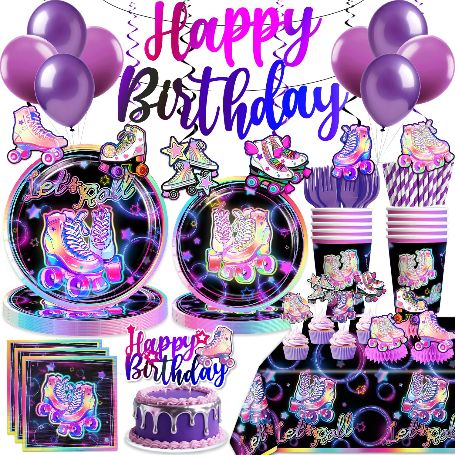 Yingoto 228pcs Roller Skating Party Supplies Tableware Set-Service 25, All-in-one Roller Skate Party Decorations Include 350gsm Plates Banner Napkins Cups Tablecloth Centerpiece Balloons