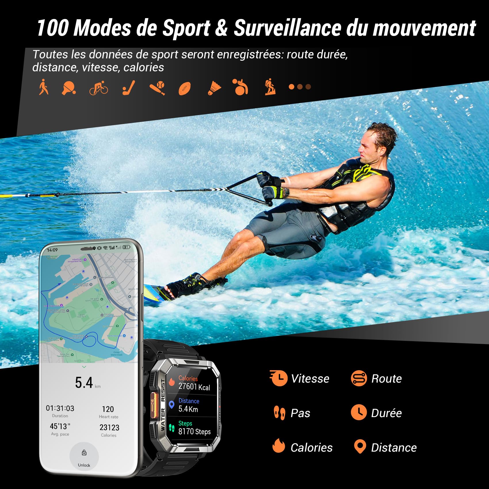 Montre Connectée Militaire Hommes, Autonomie 100 jours, Lampe de Poche LED